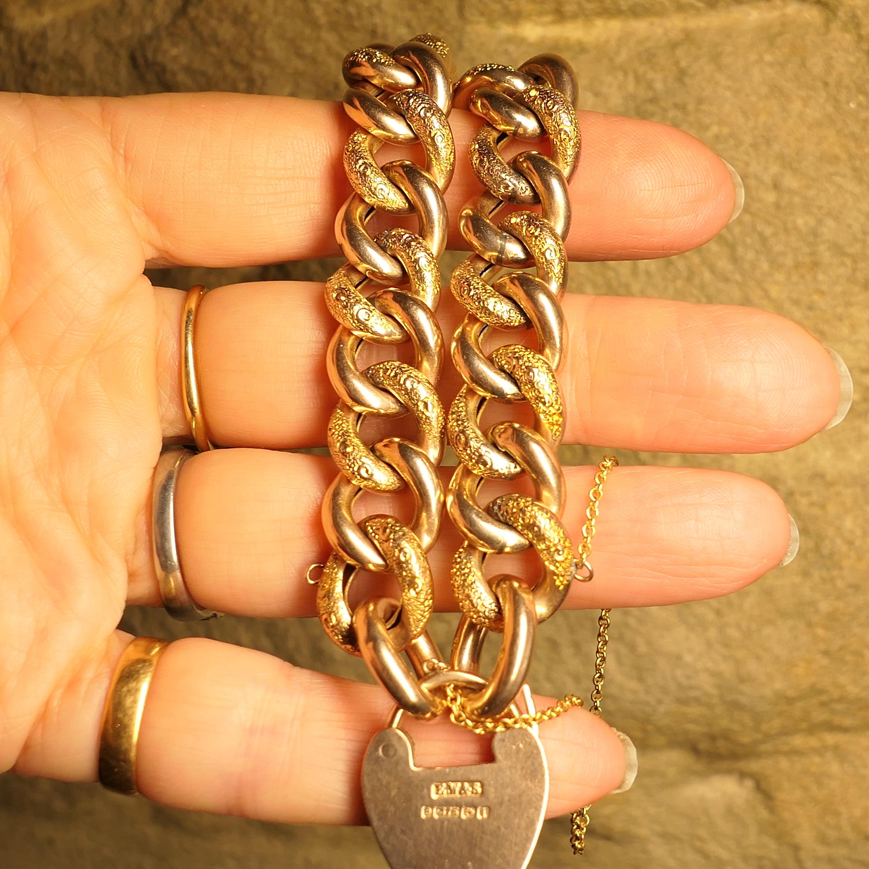 Antique 9ct Gold Chunky Curb Link, Night & Day Bracelet, With Heart Padlock Clasp Hallmarked 1908. 30.3 Grams