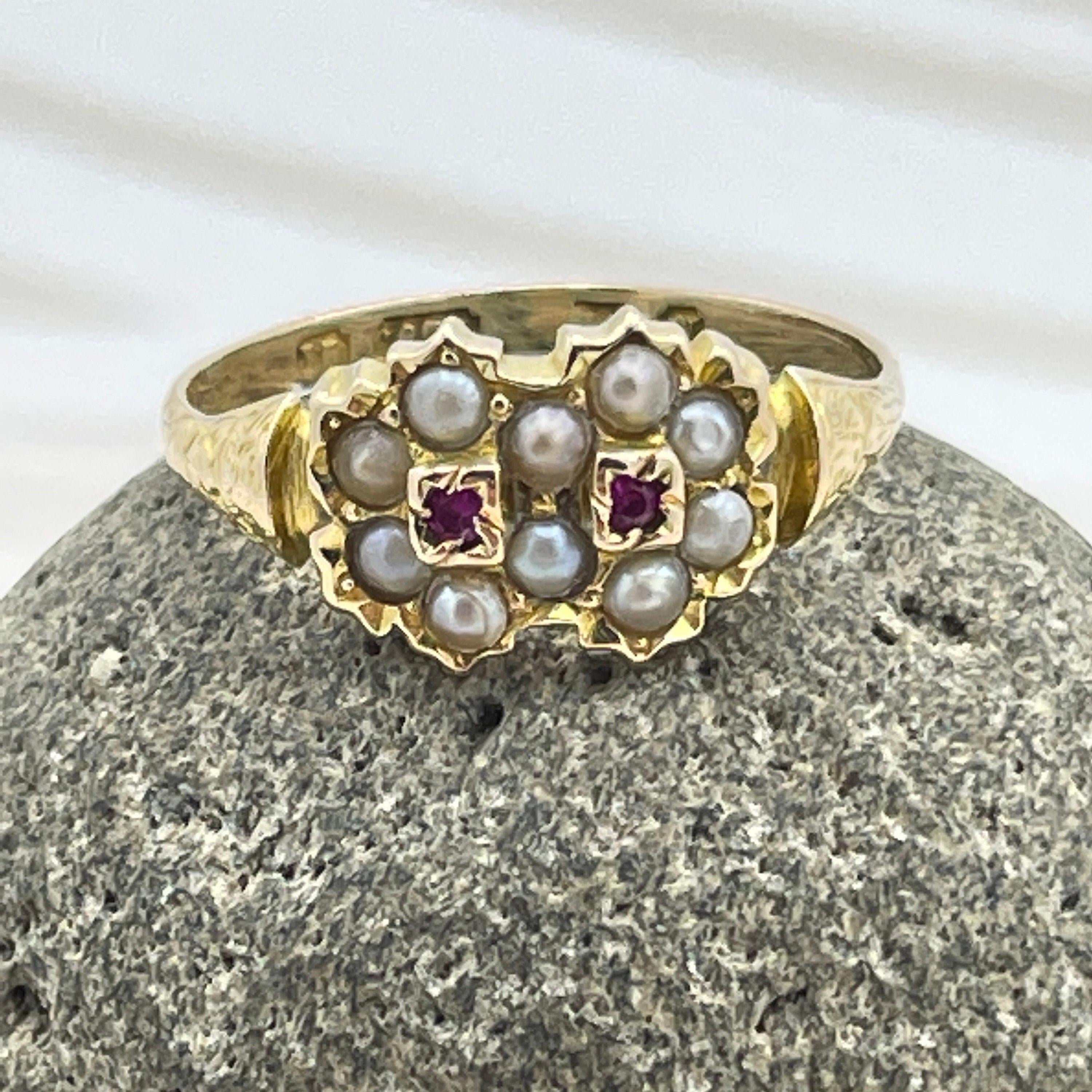 Antique 15ct gold, pearl and ruby, double daisy, cluster ring