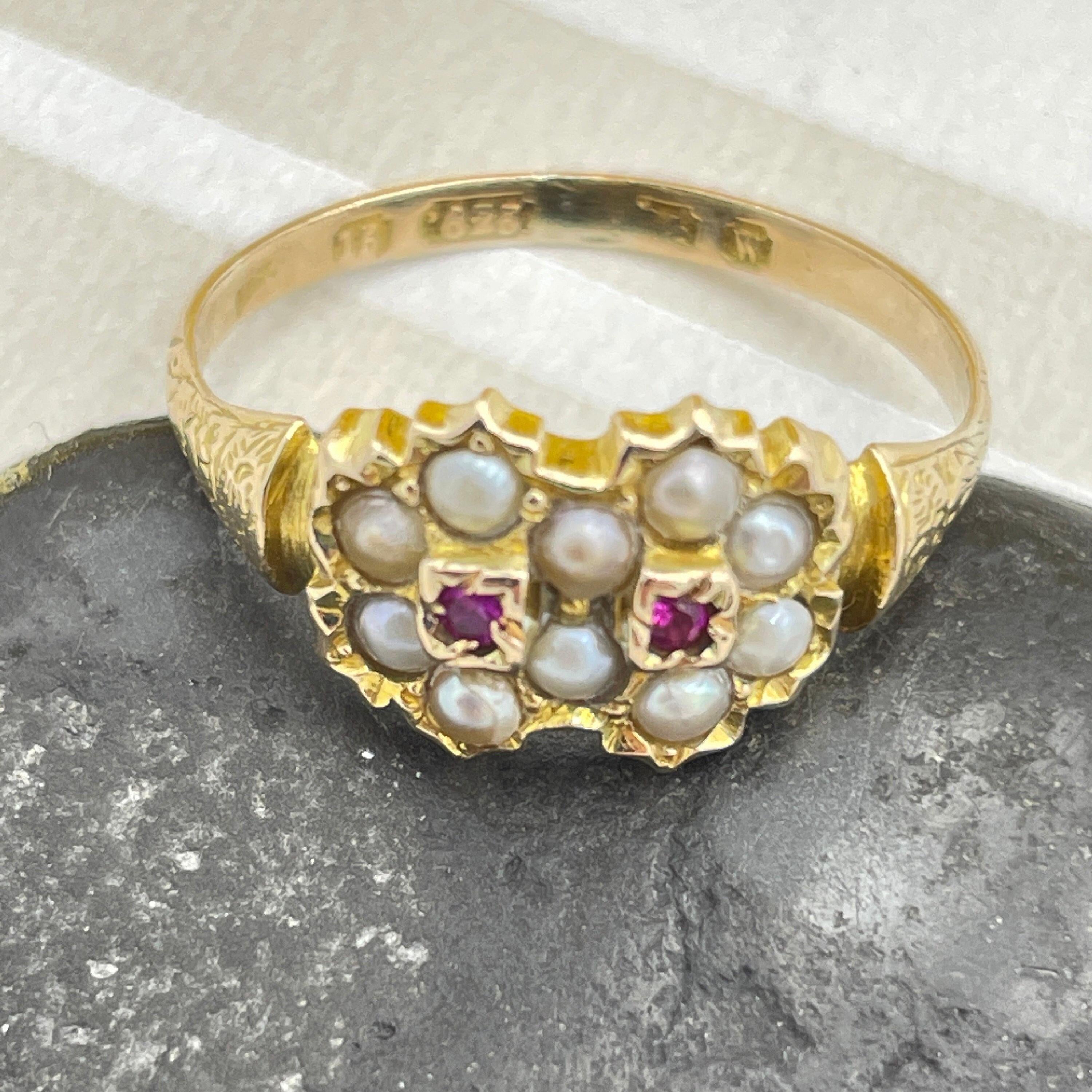 Antique 15ct gold, pearl and ruby, double daisy, cluster ring