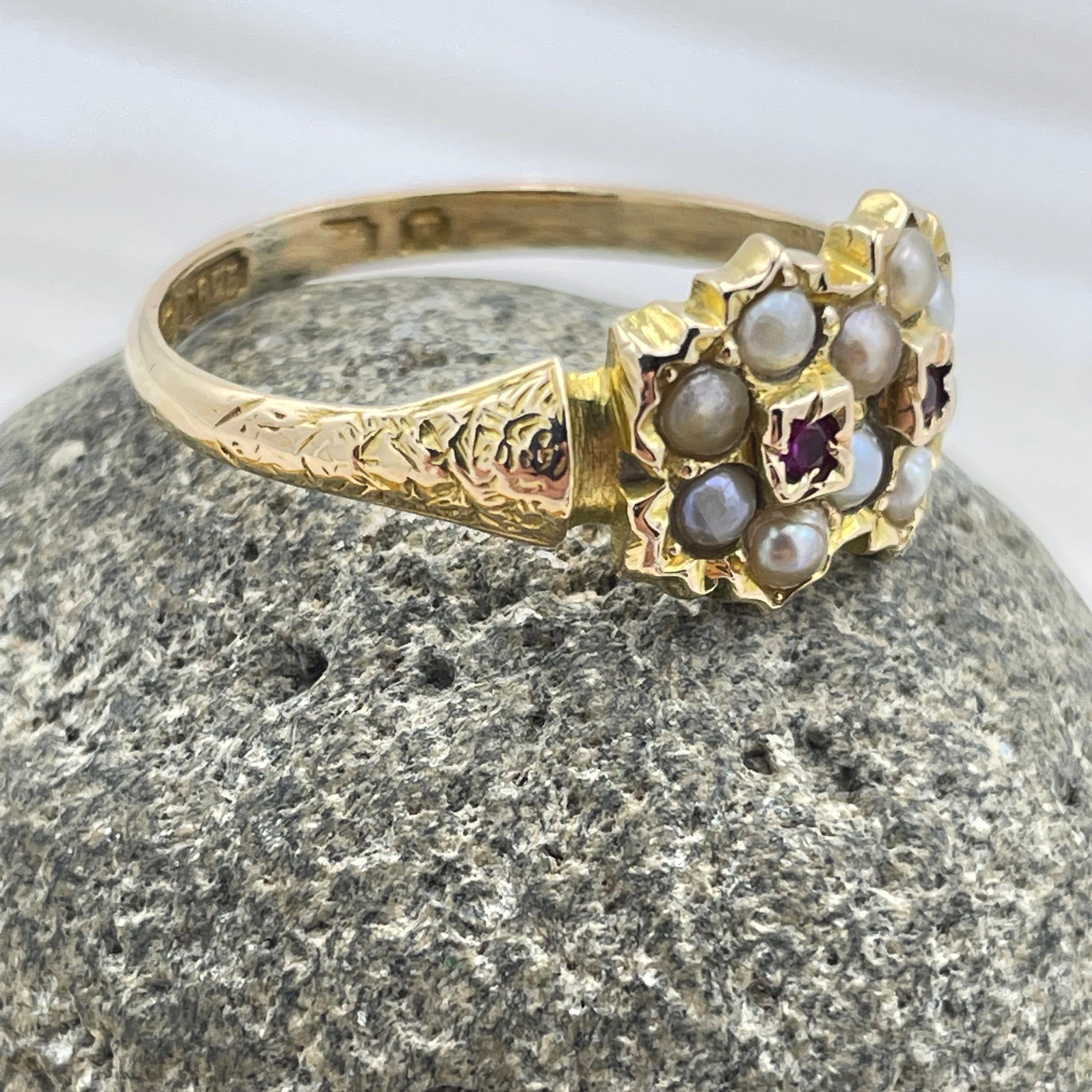 Antique 15ct gold, pearl and ruby, double daisy, cluster ring