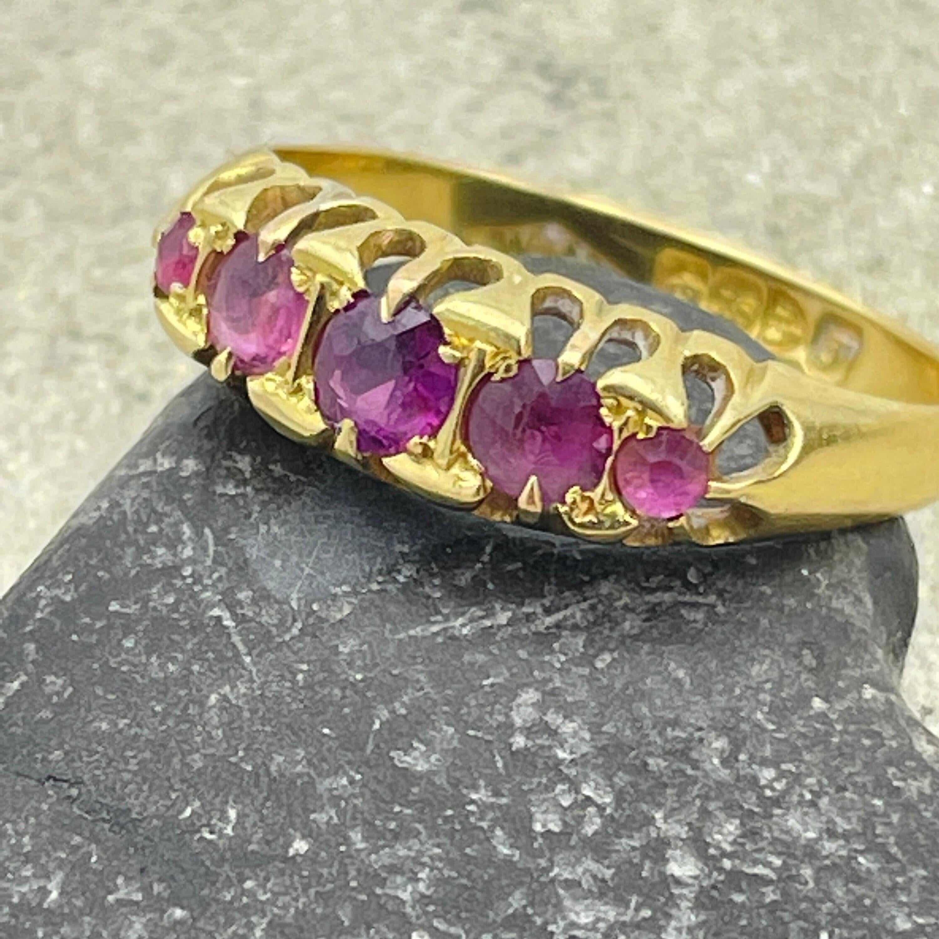 Antique 18ct gold five stone pink tourmaline ring, hallmarked chester 1919