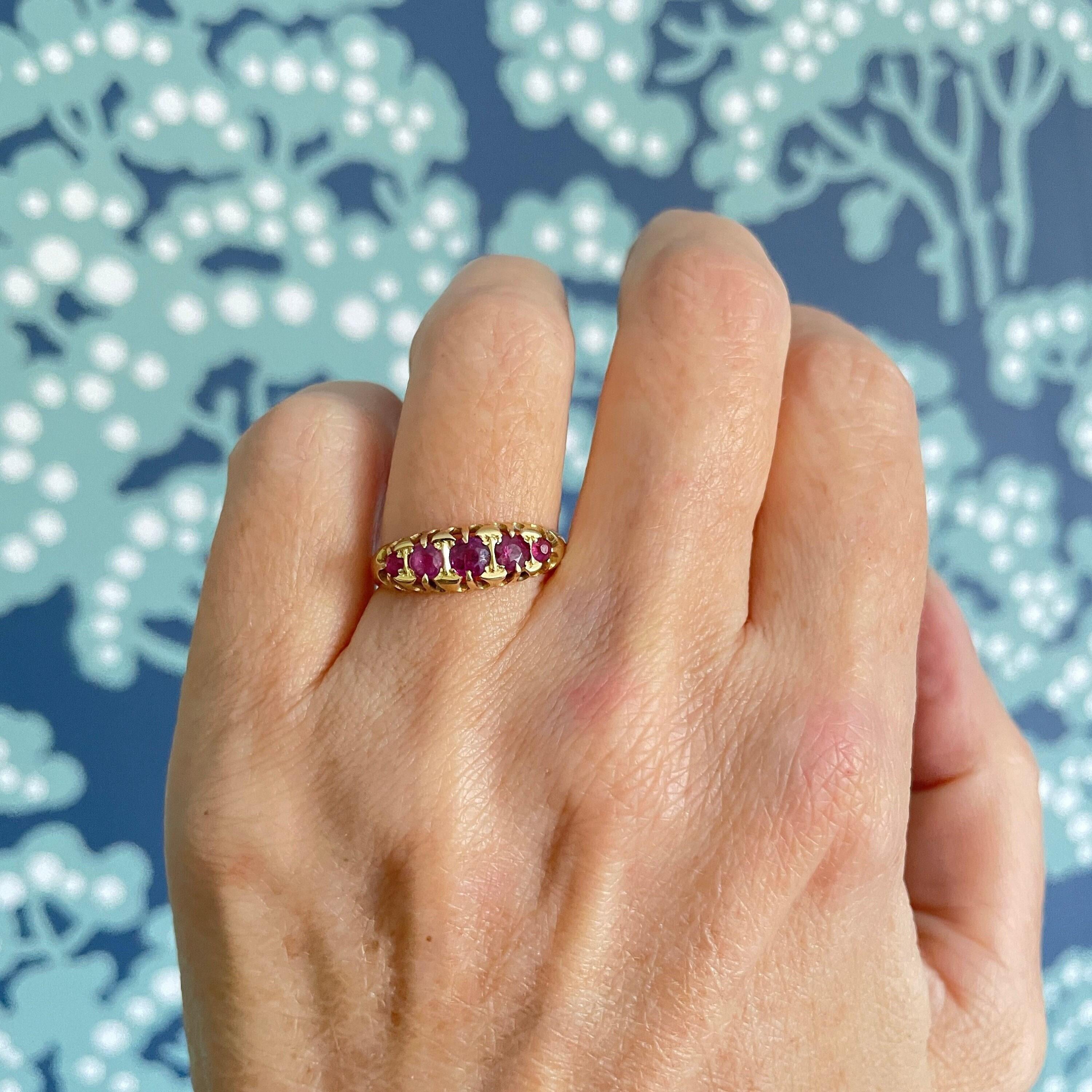 Antique 18ct gold five stone pink tourmaline ring, hallmarked chester 1919