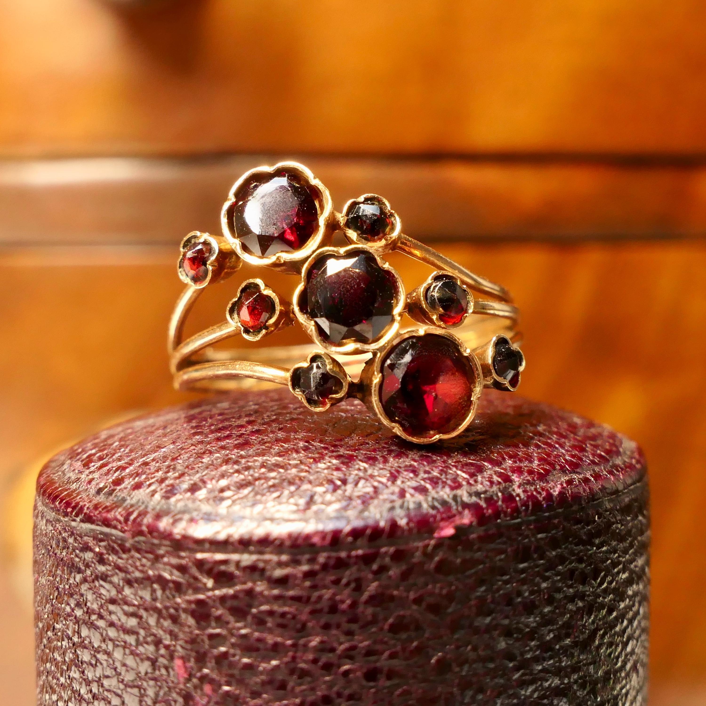 Antique, Art Nouveau, Austro Hungarian, 14ct Gold, Garnet flower ring