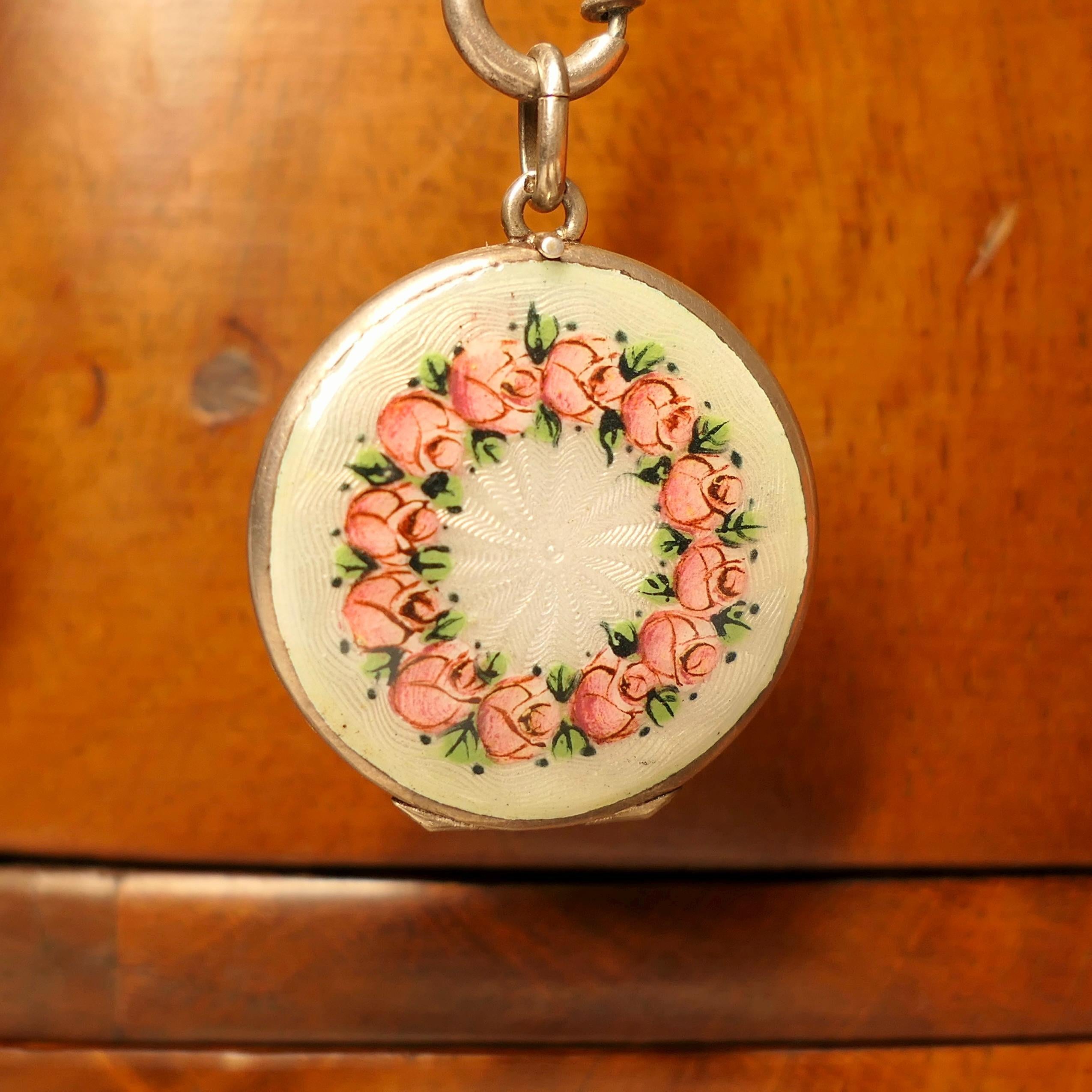 Antique, Silver, Enamelled, Roses, Locket, Pendant