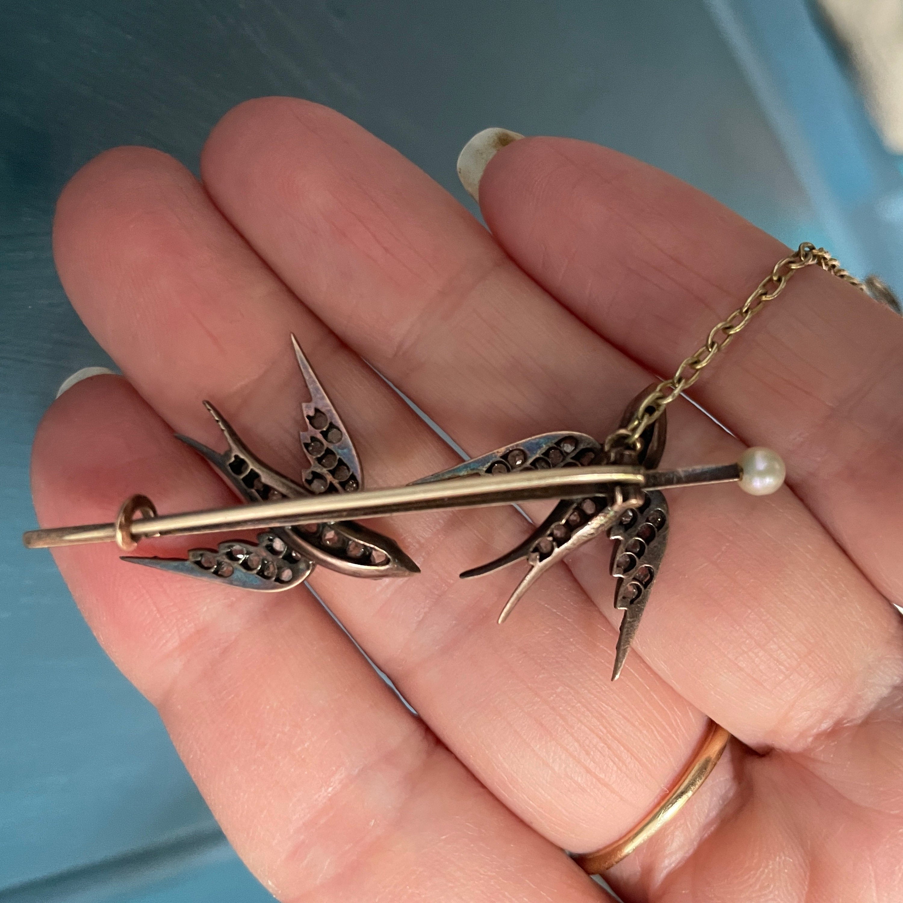 Victorian Gold & Silver, Rose Cut Diamond, Ruby, Double Swallow Brooch