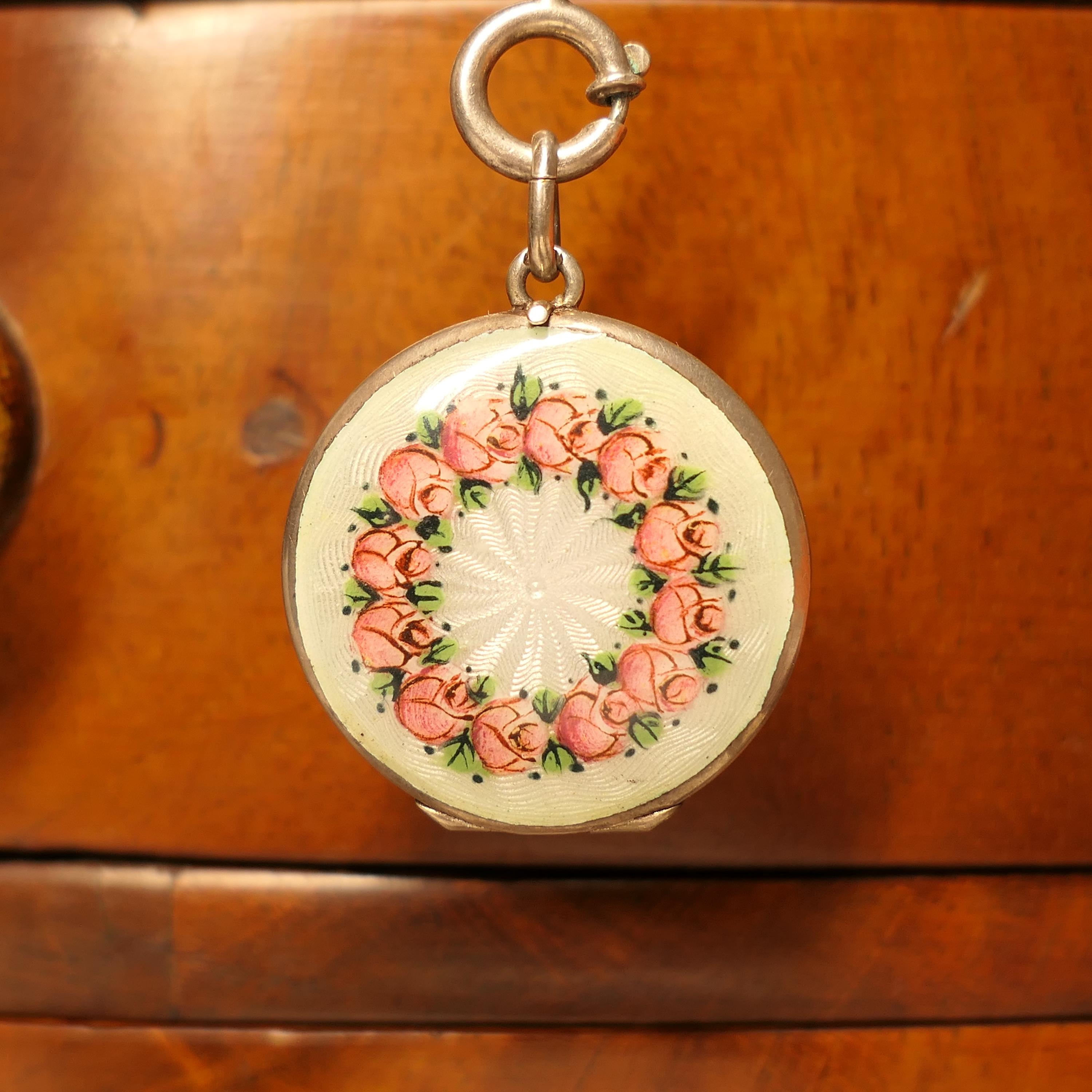 Antique, Silver, Enamelled, Roses, Locket, Pendant