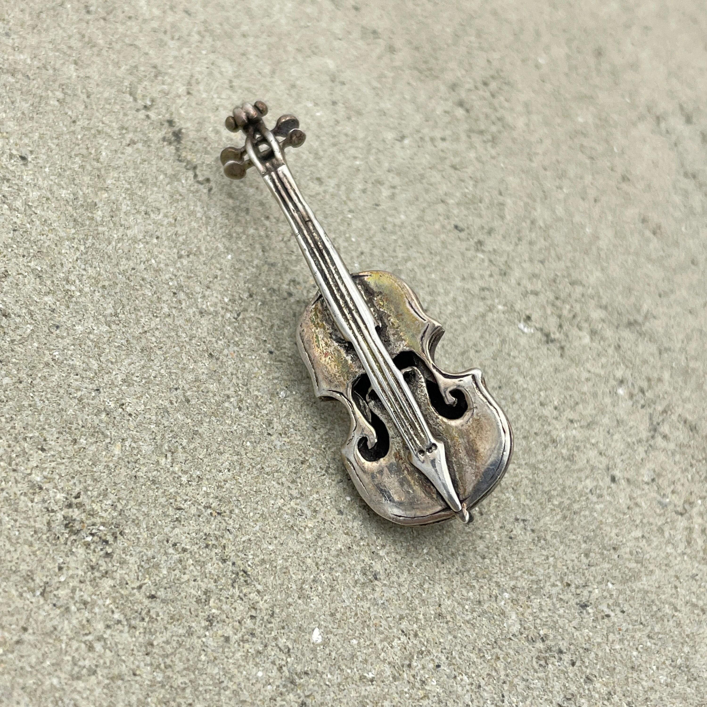 Vintage hand made silver violin brooch