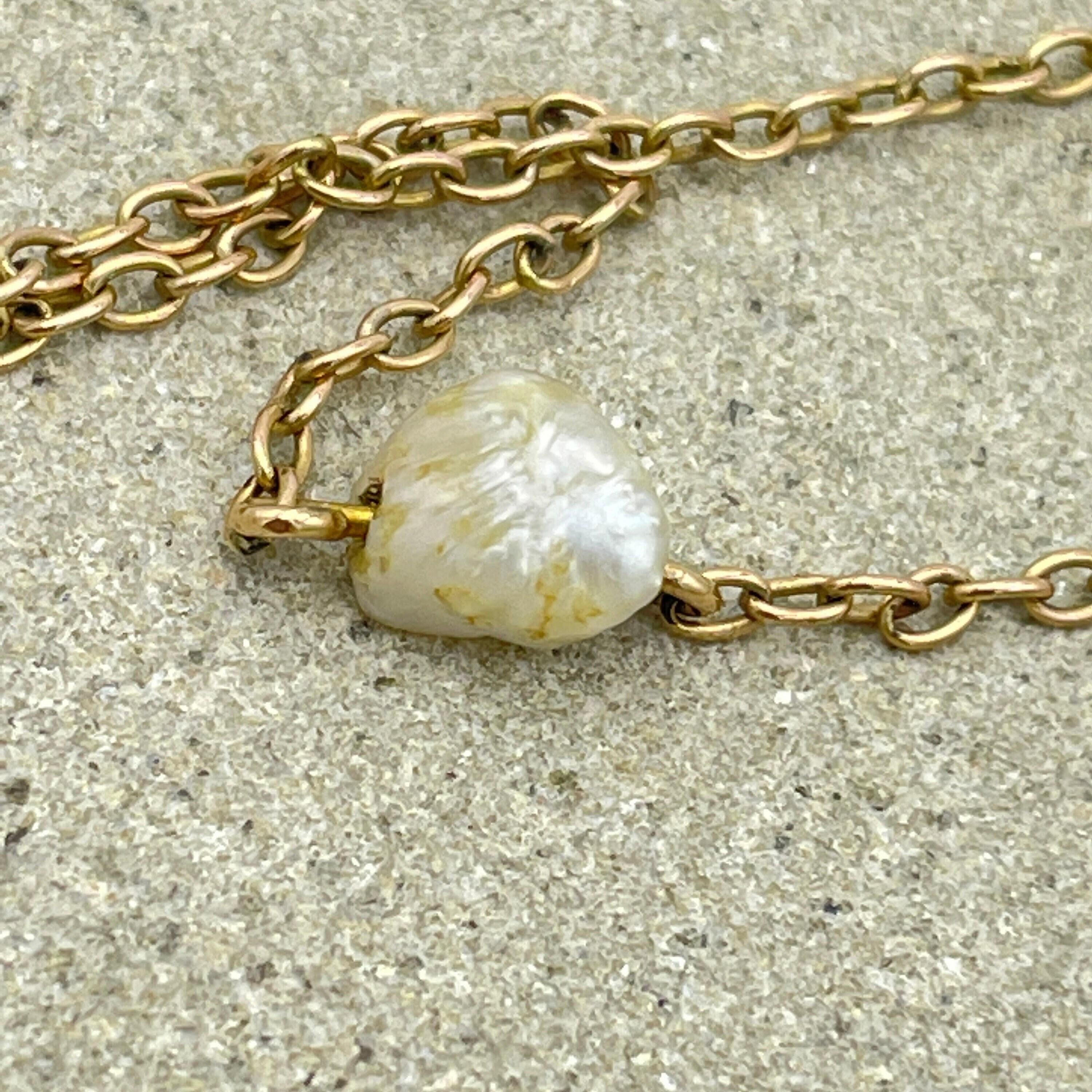 Antique, 9ct Gold & Baroque Pearl, Chain Necklace