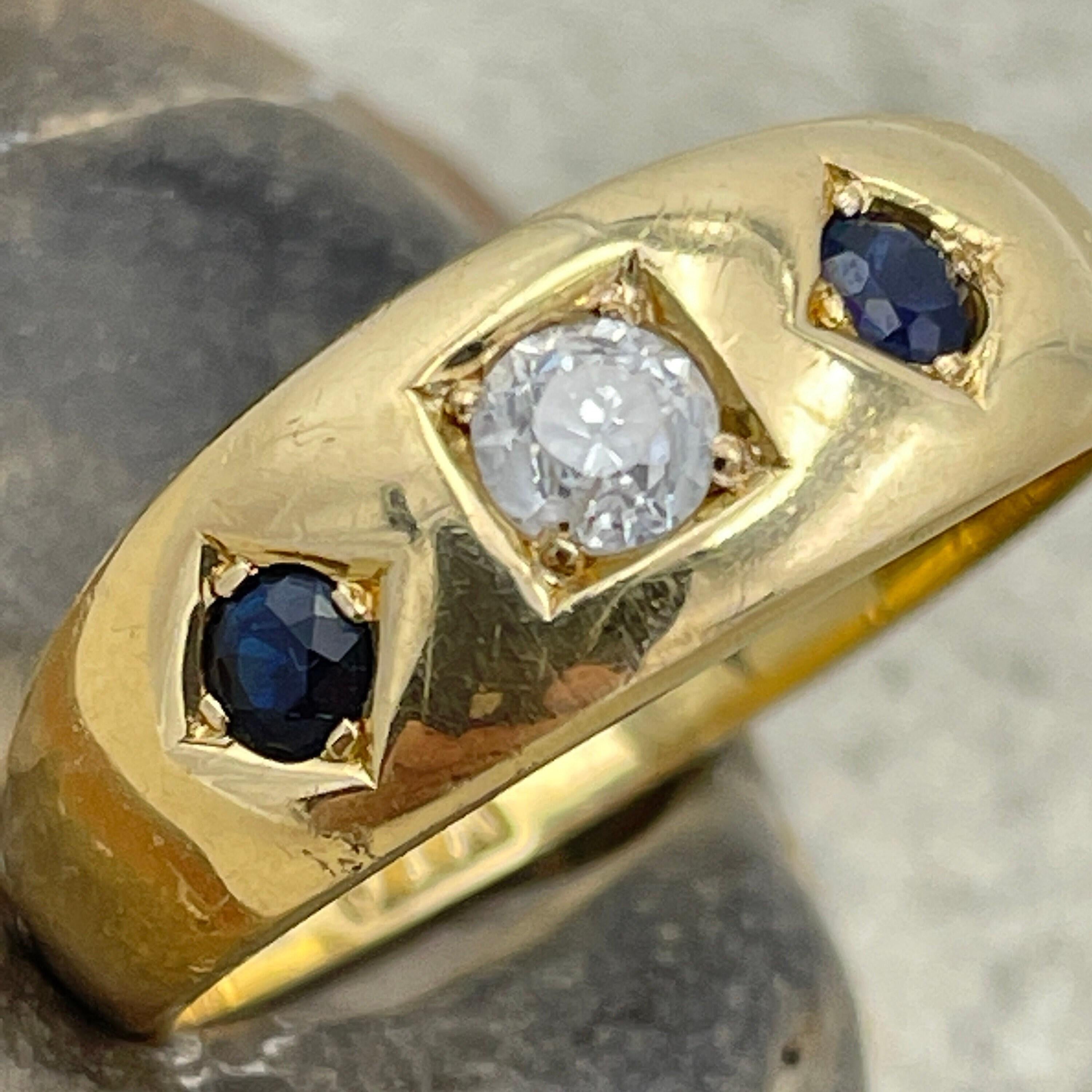 Antique 18ct Gold, Sapphire & Old Cut Diamond Gypsy Set Ring, Hallmarked 1912