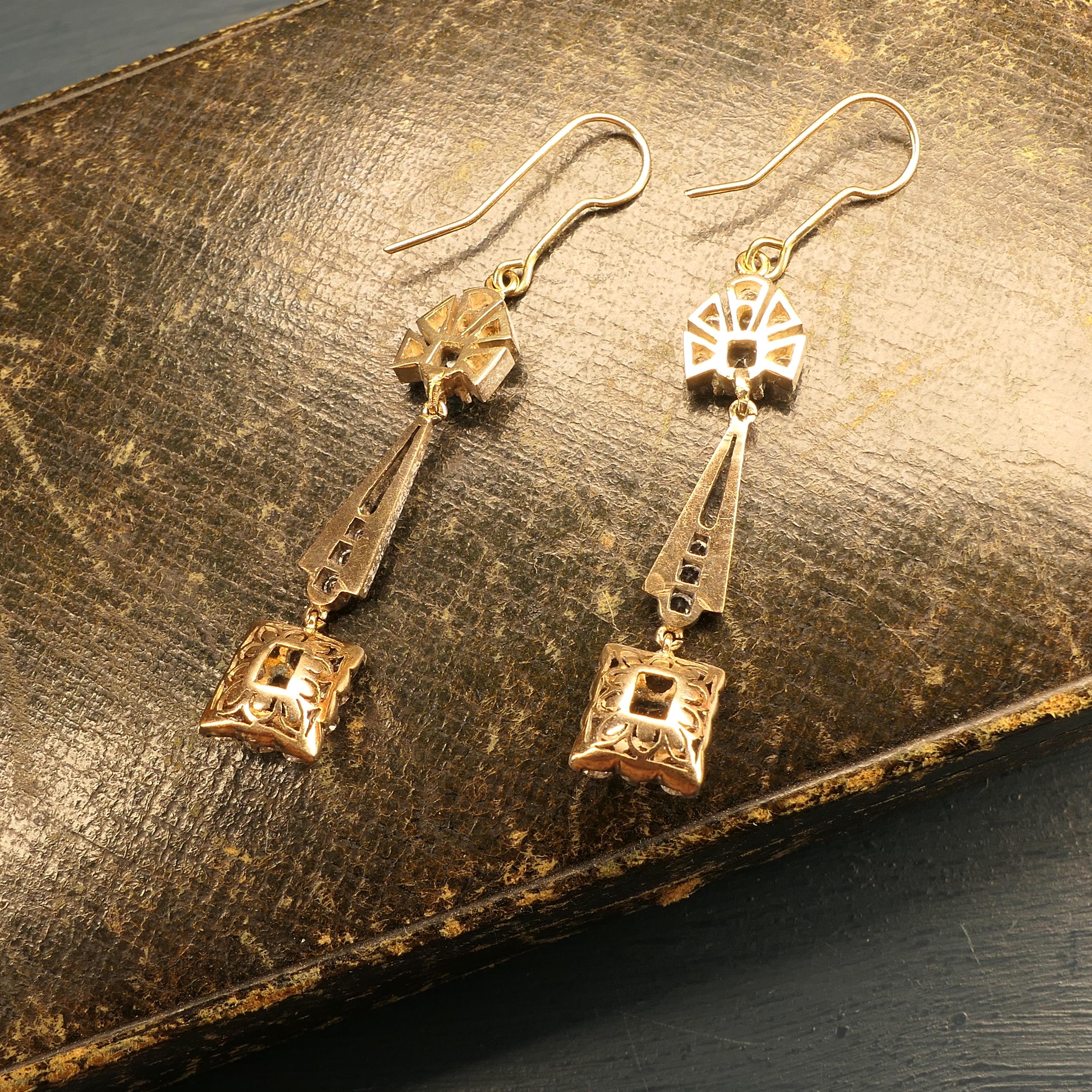 Original Art Deco, Gold & Sapphire Drop Earrings