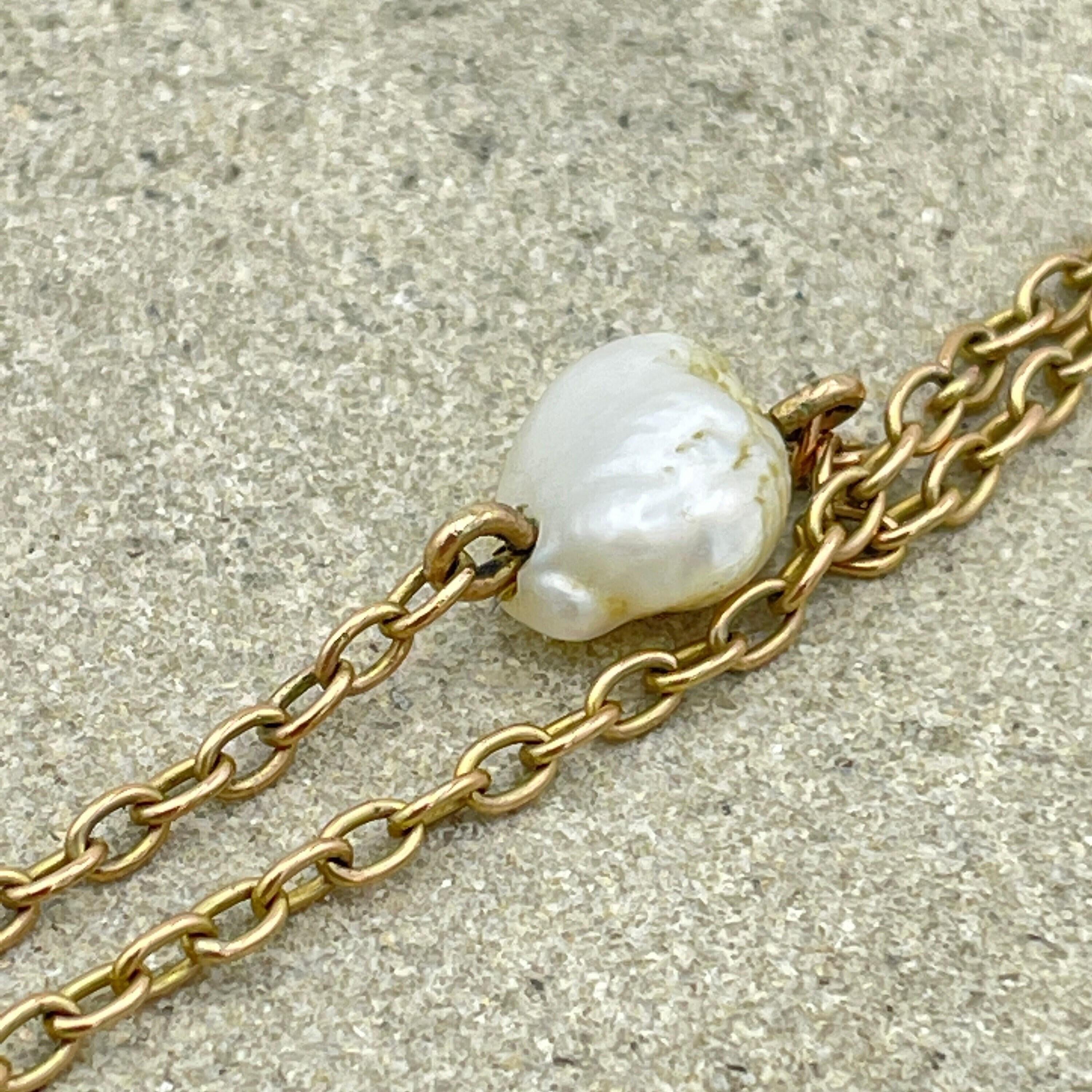 Antique, 9ct Gold & Baroque Pearl, Chain Necklace