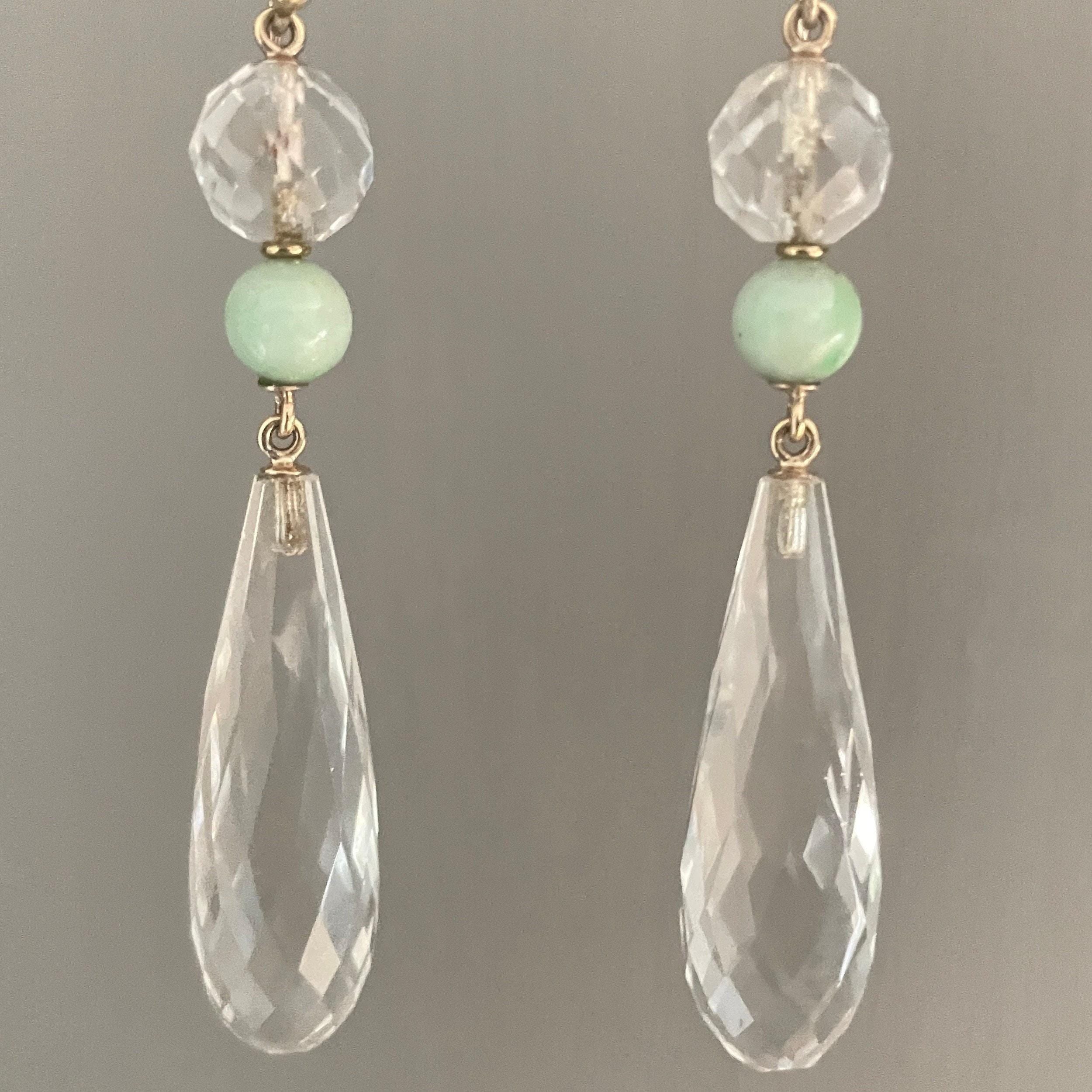 1930s art deco, 9ct gold, briolette rock crystal & jade, long drop earrings