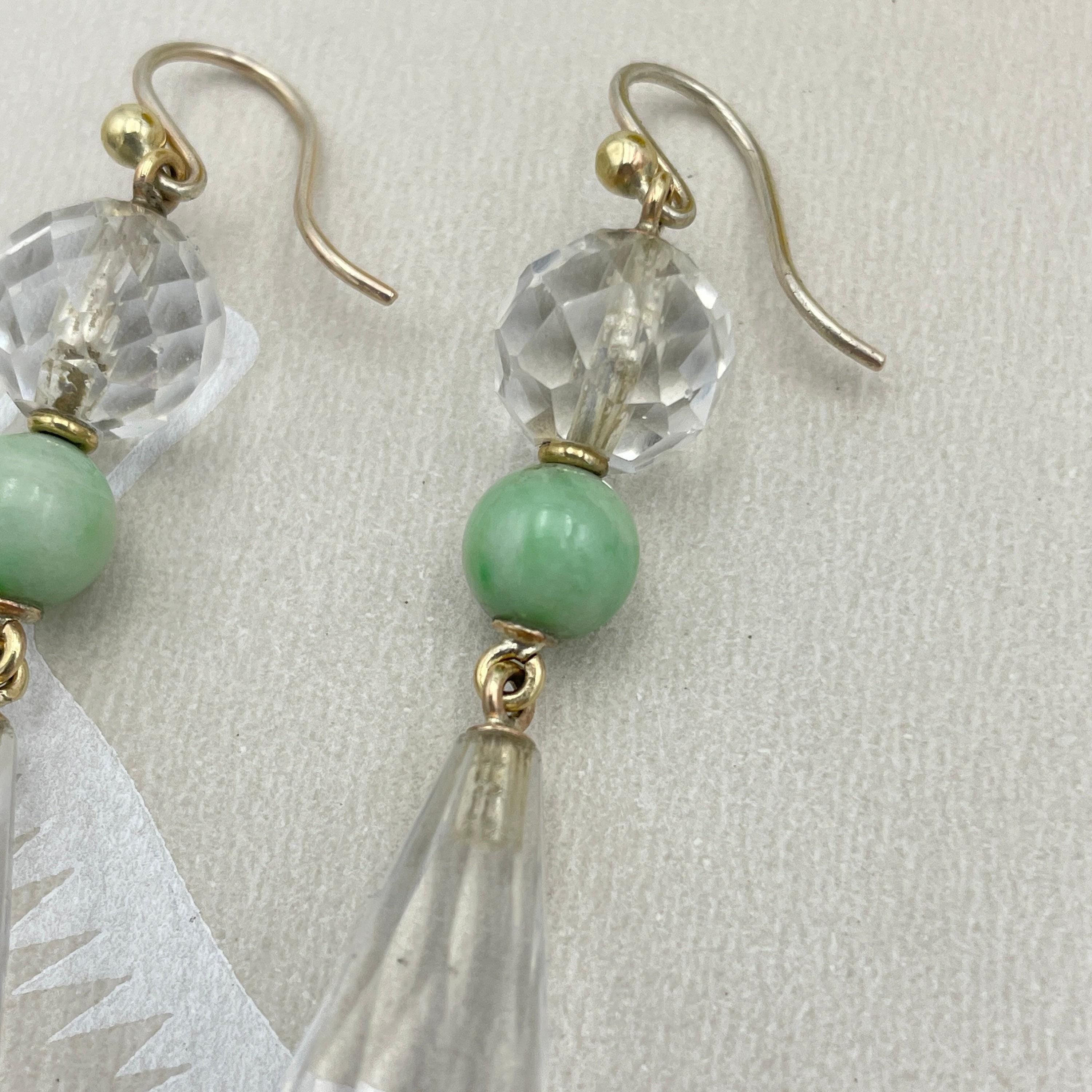 1930s art deco, 9ct gold, briolette rock crystal & jade, long drop earrings