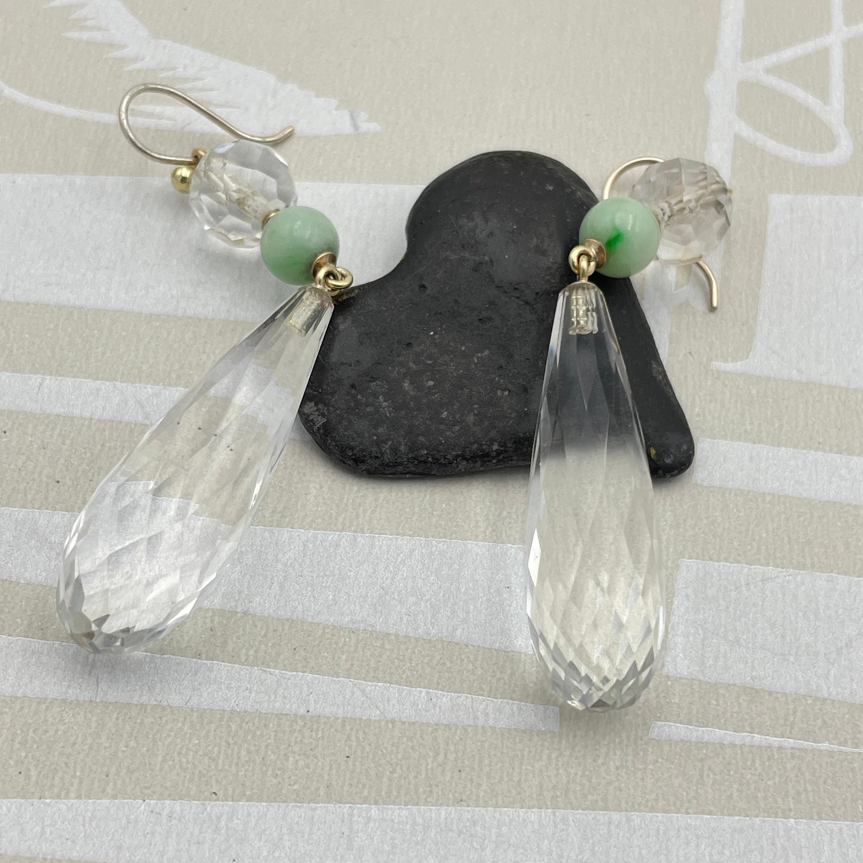 1930s art deco, 9ct gold, briolette rock crystal & jade, long drop earrings