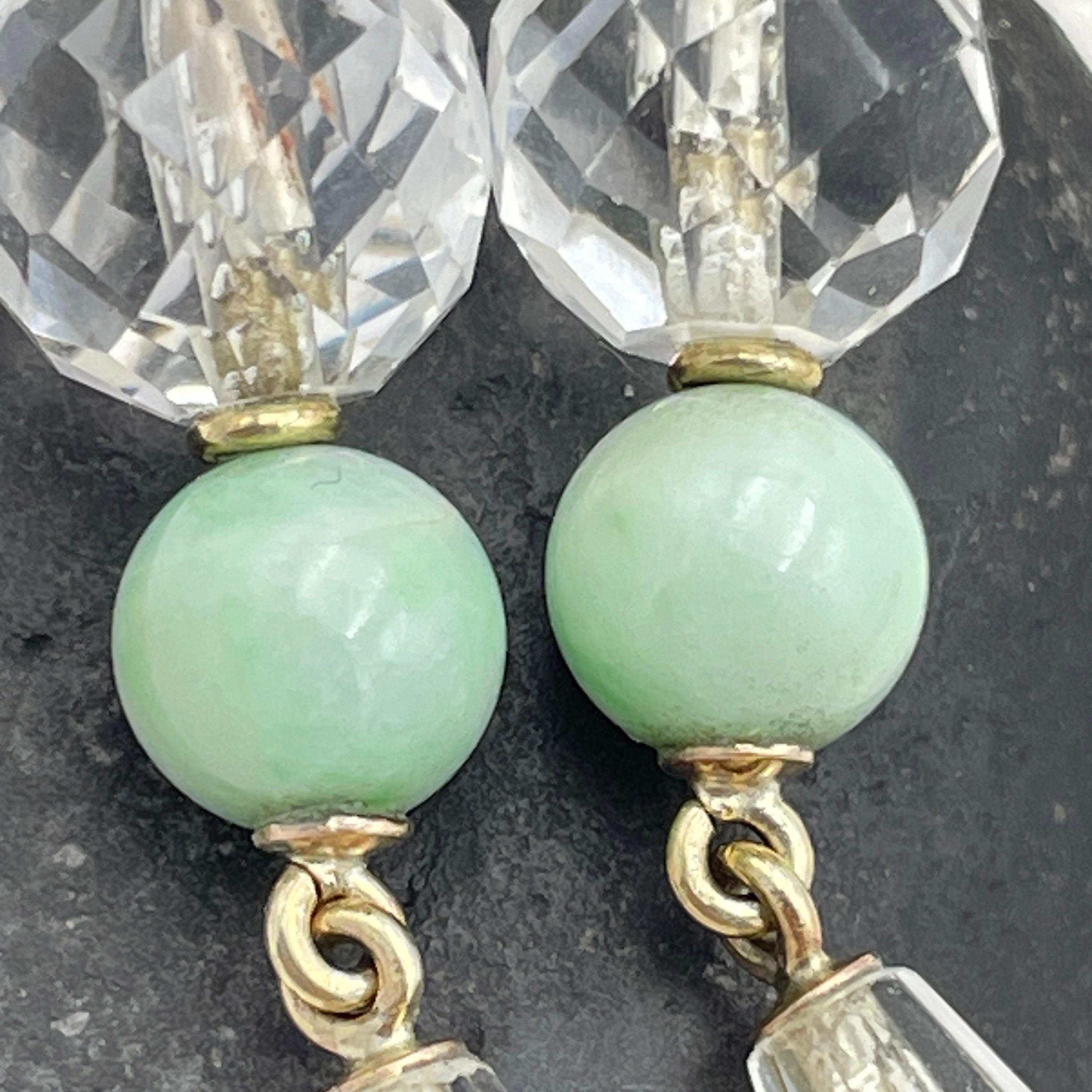 1930s art deco, 9ct gold, briolette rock crystal & jade, long drop earrings