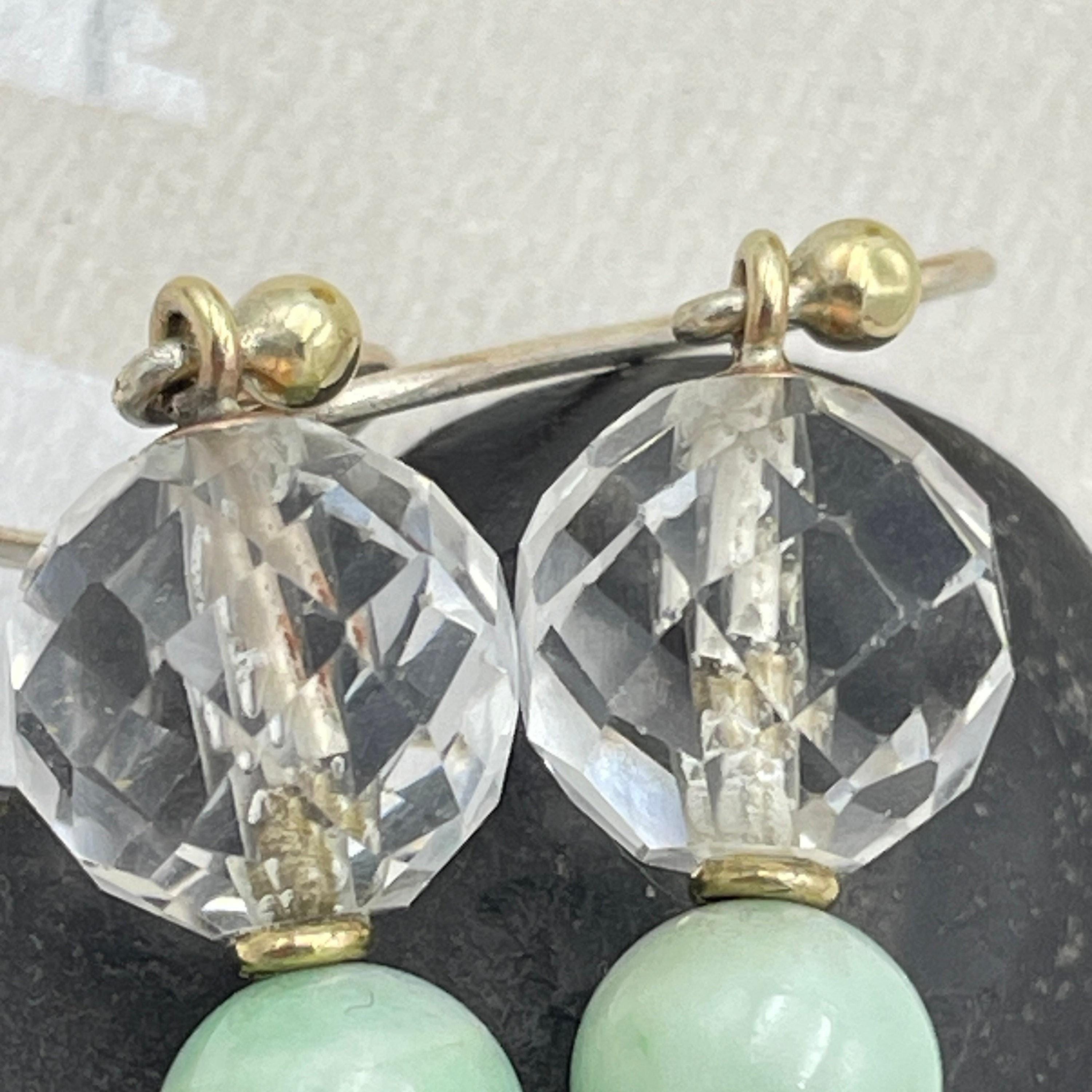 1930s art deco, 9ct gold, briolette rock crystal & jade, long drop earrings