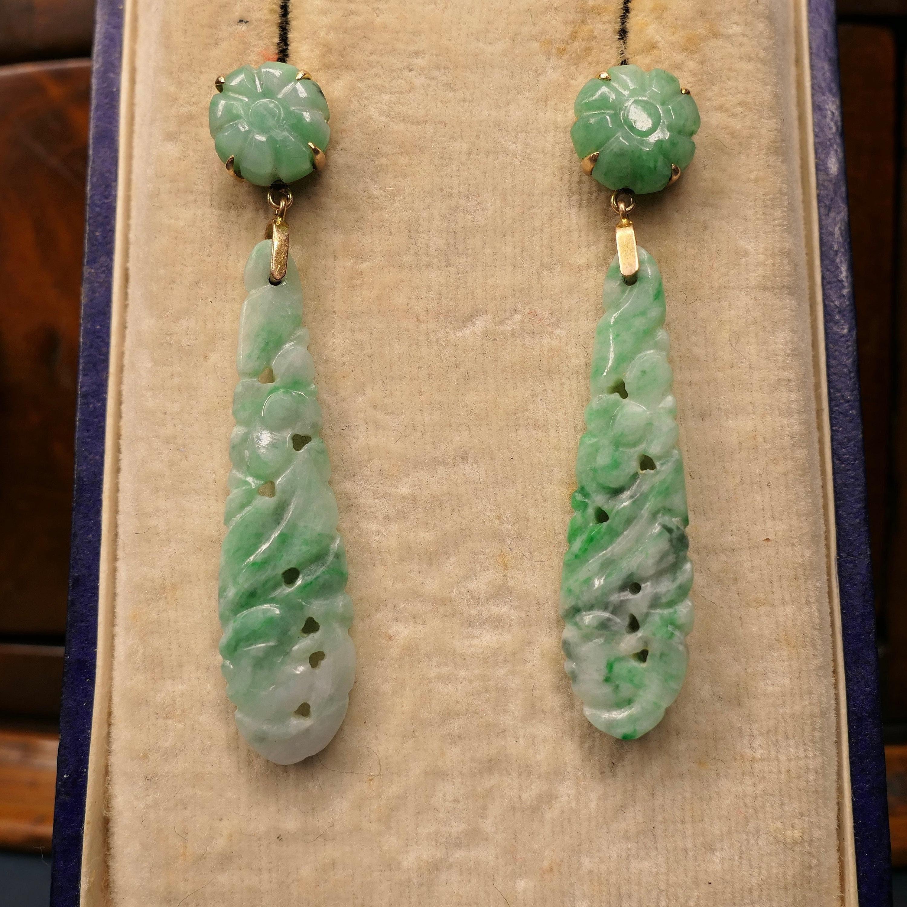 Original Art Deco, Carved Pierced Jade Teardrop Earrings