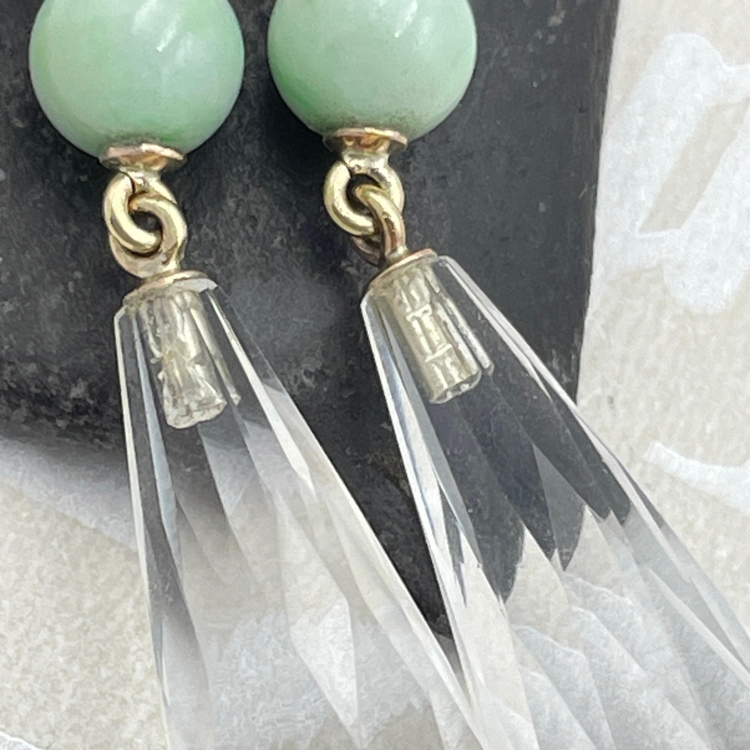 1930s art deco, 9ct gold, briolette rock crystal & jade, long drop earrings