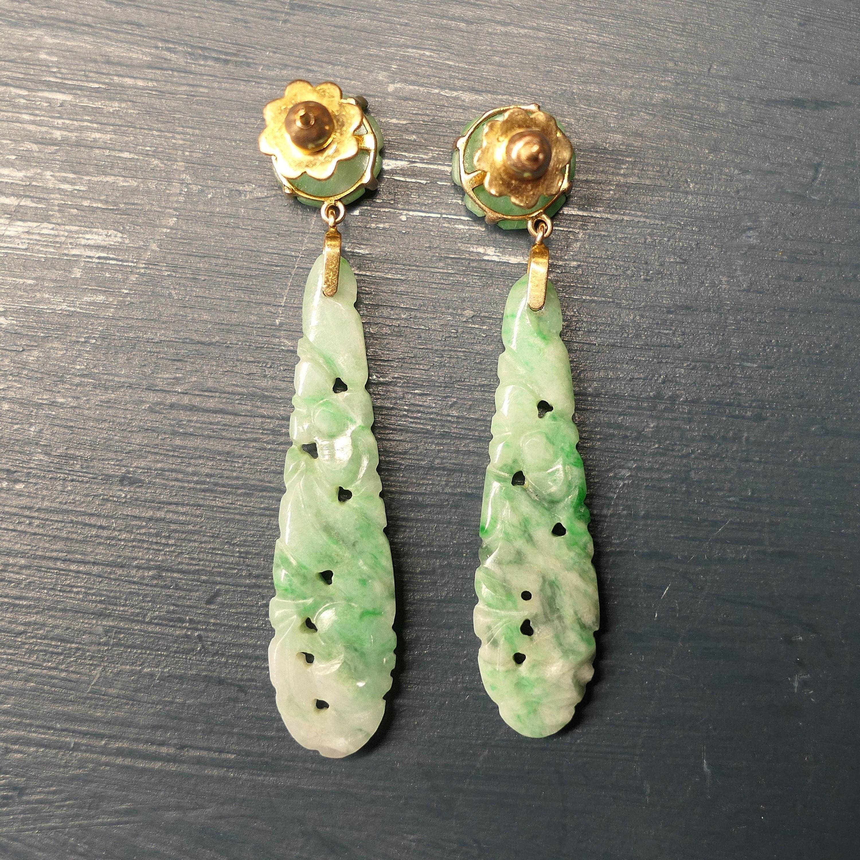 Original Art Deco, Carved Pierced Jade Teardrop Earrings