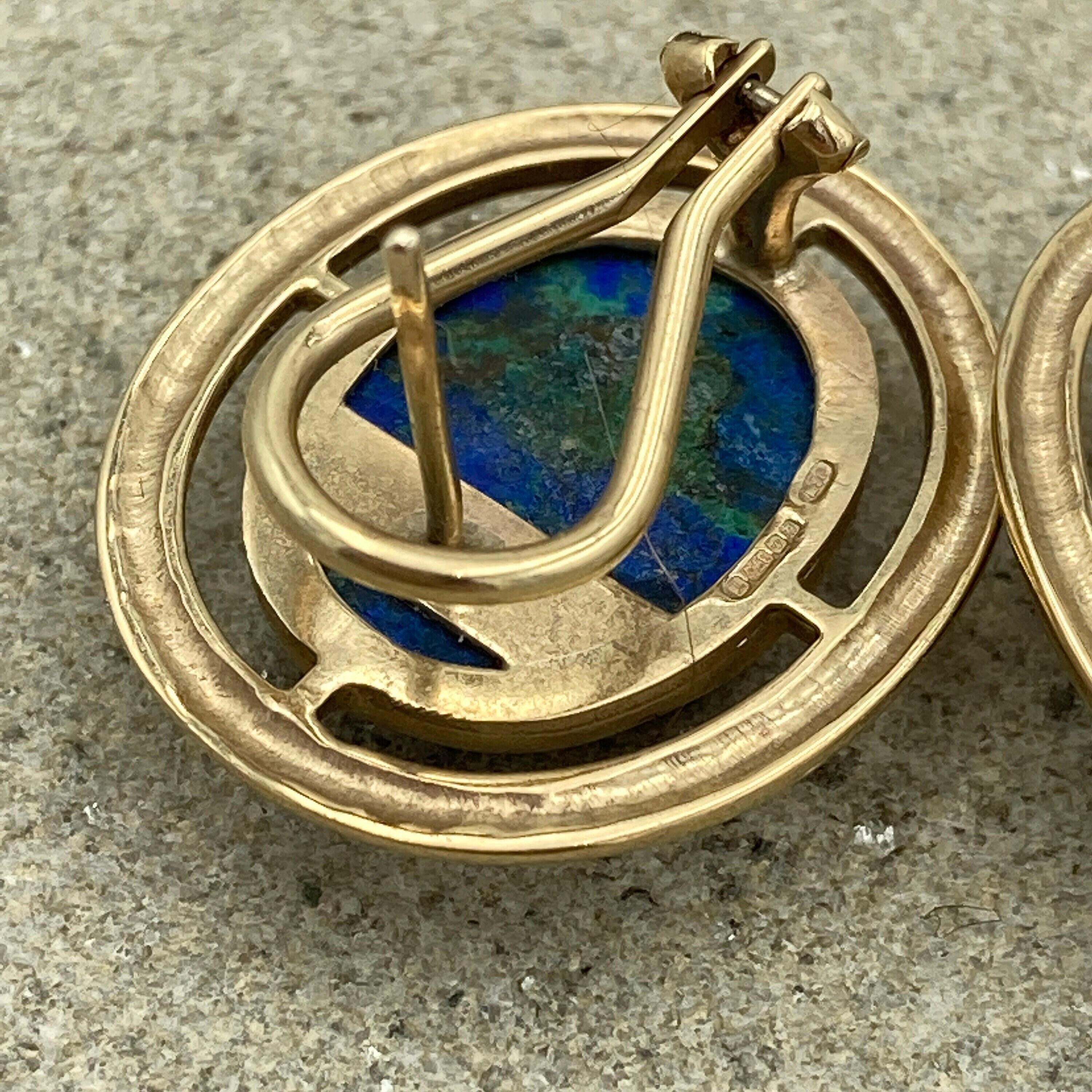 Large 9ct Gold Vintage Azurite Cabochon Stud Earrings