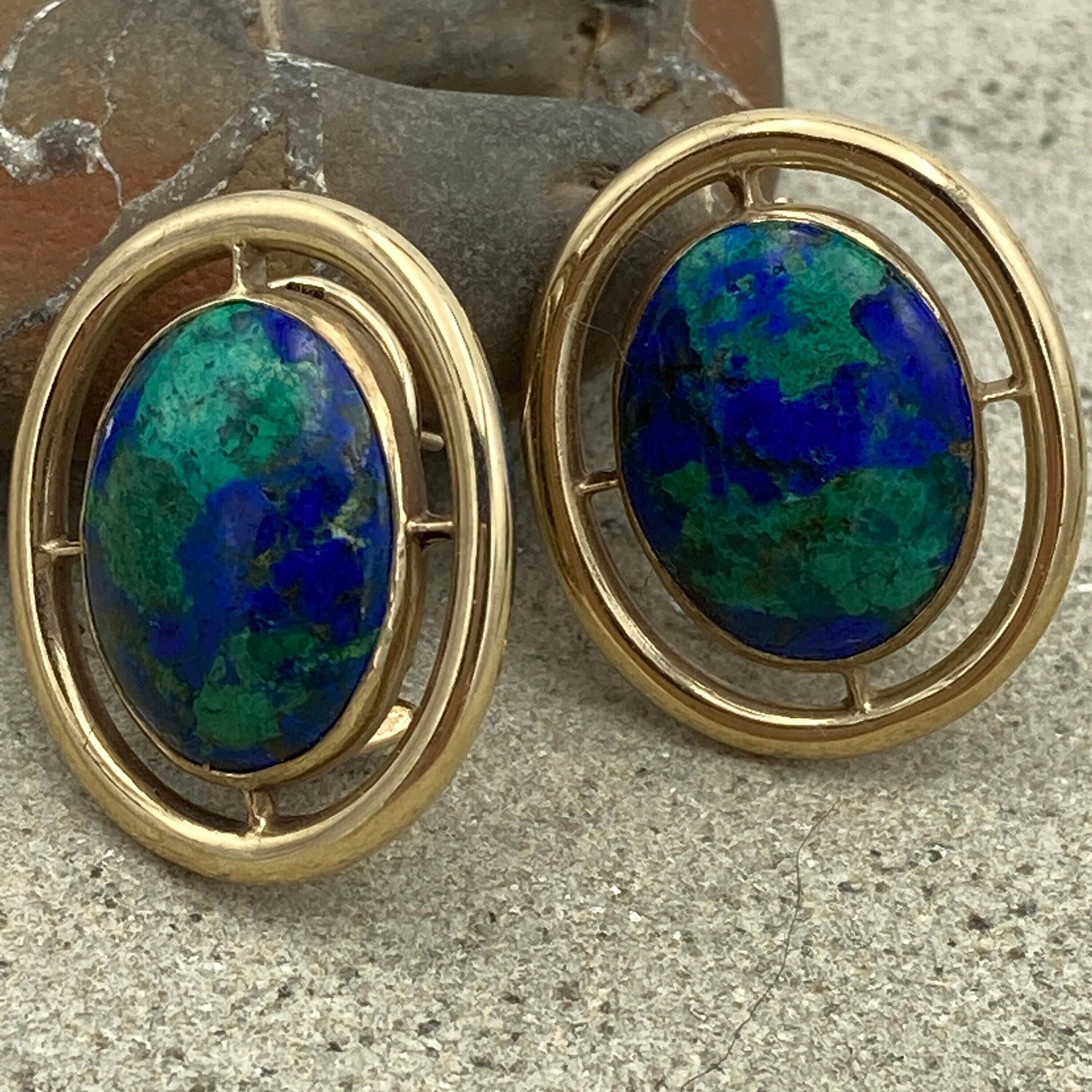 Large 9ct Gold Vintage Azurite Cabochon Stud Earrings