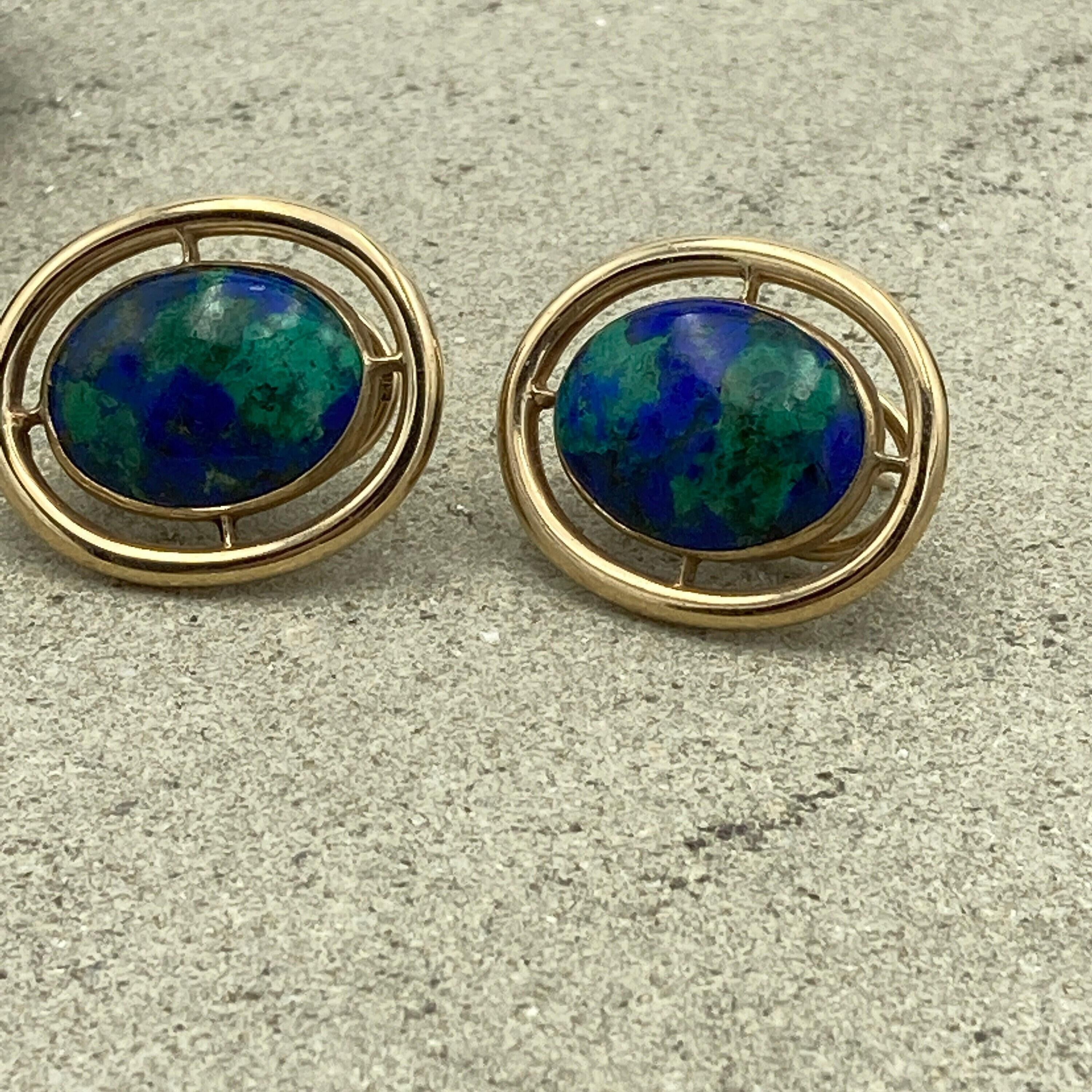 Large 9ct Gold Vintage Azurite Cabochon Stud Earrings