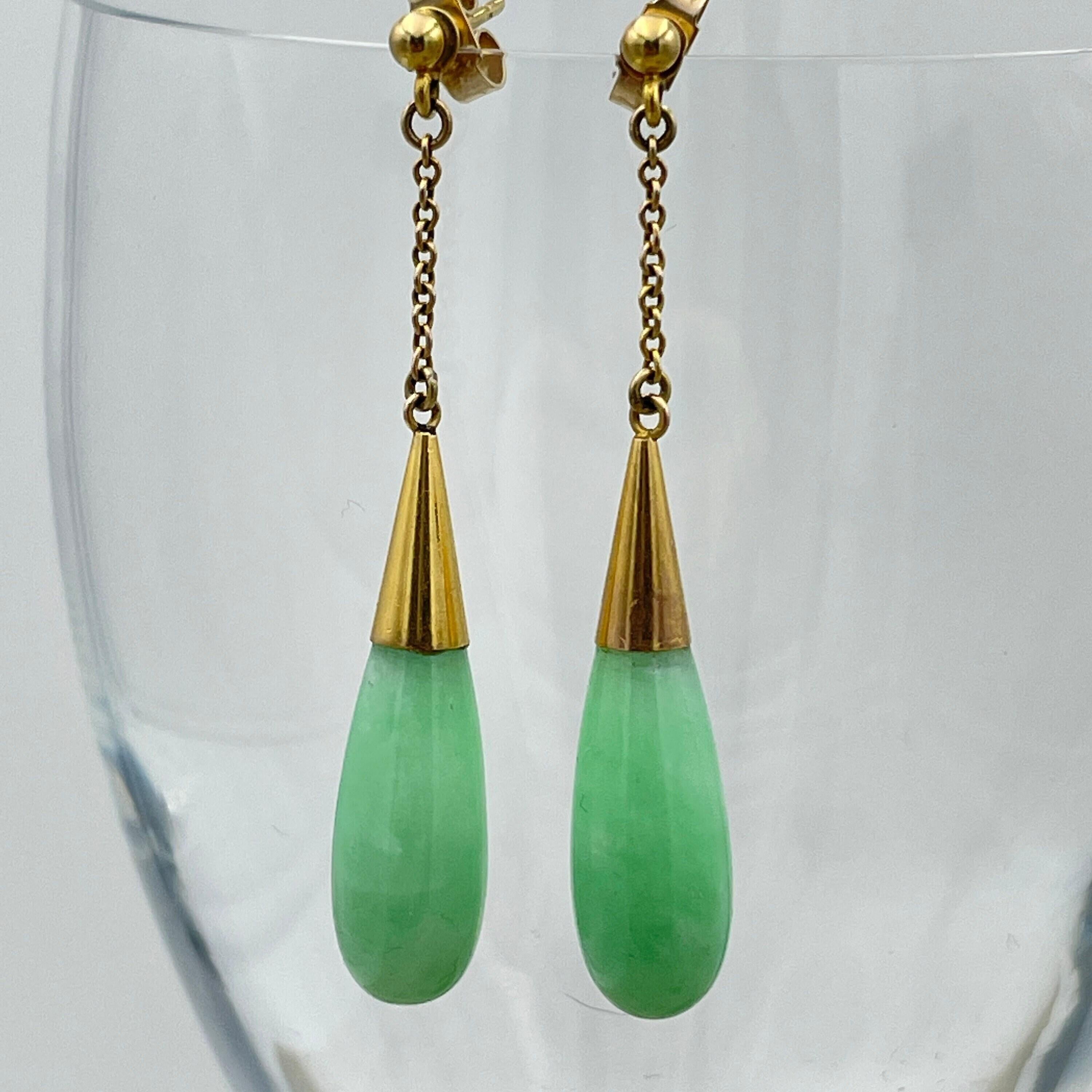 Art deco 9ct gold jade torpedo drop earrings, vintage c1930s