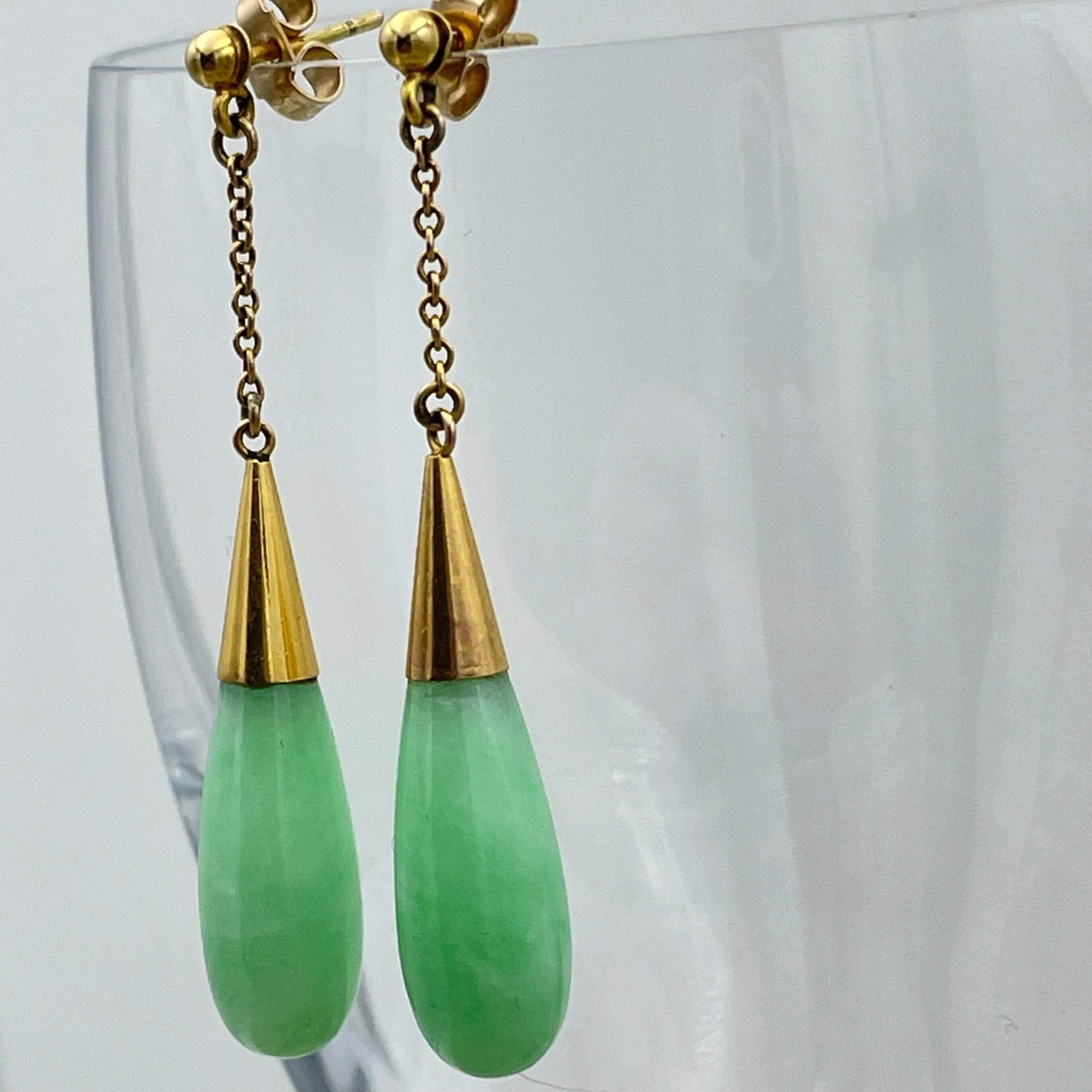 Art deco 9ct gold jade torpedo drop earrings, vintage c1930s