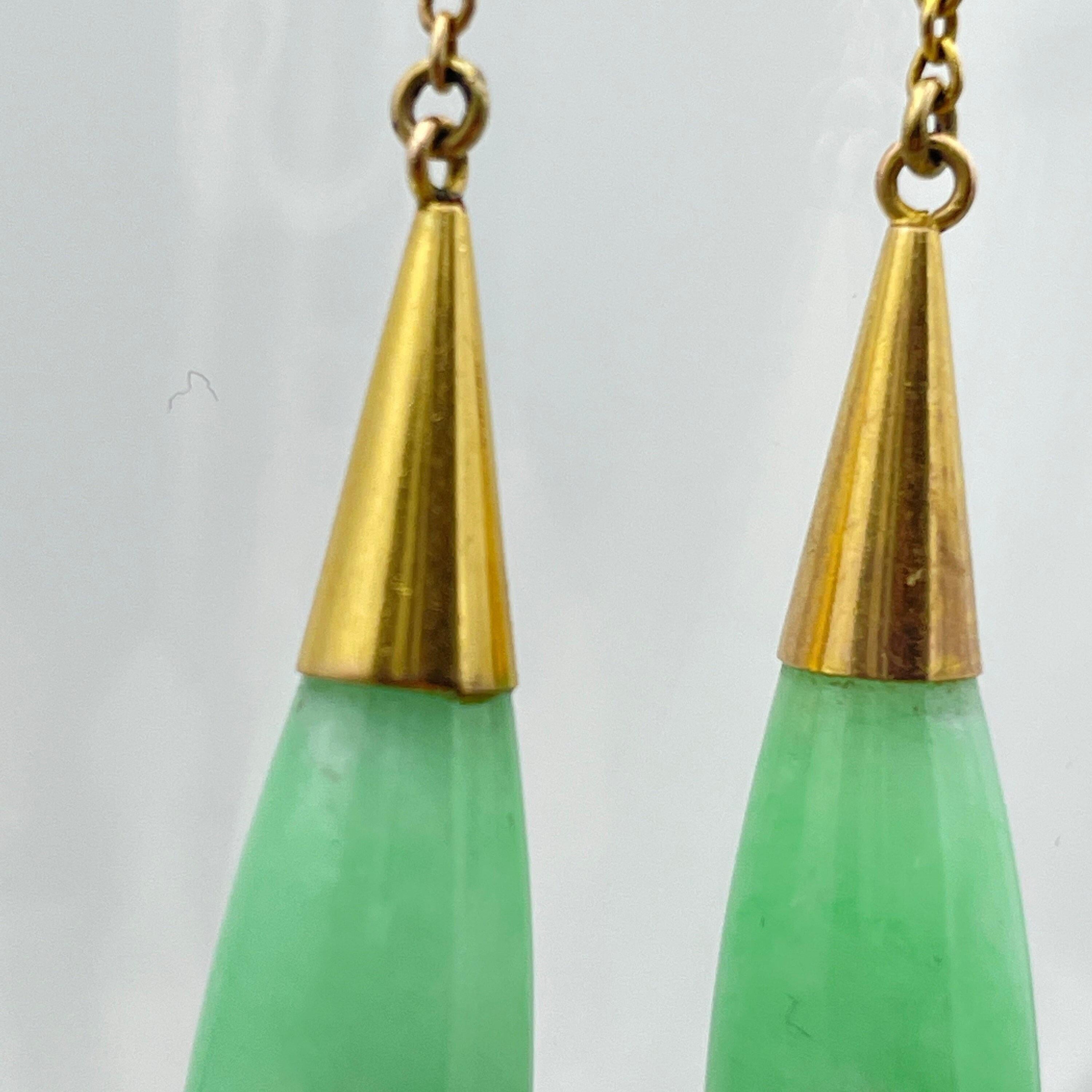 Art deco 9ct gold jade torpedo drop earrings, vintage c1930s