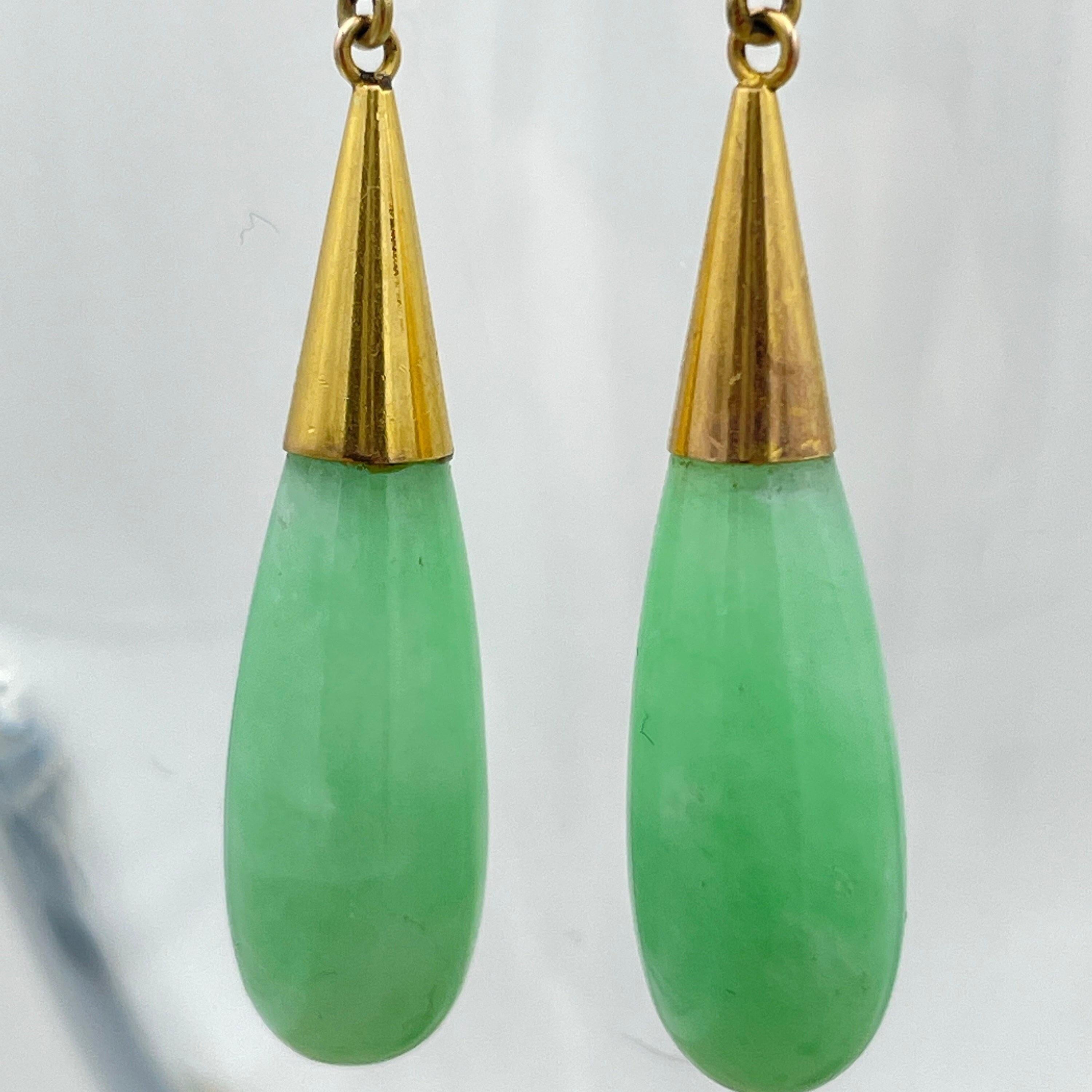 Art deco 9ct gold jade torpedo drop earrings, vintage c1930s