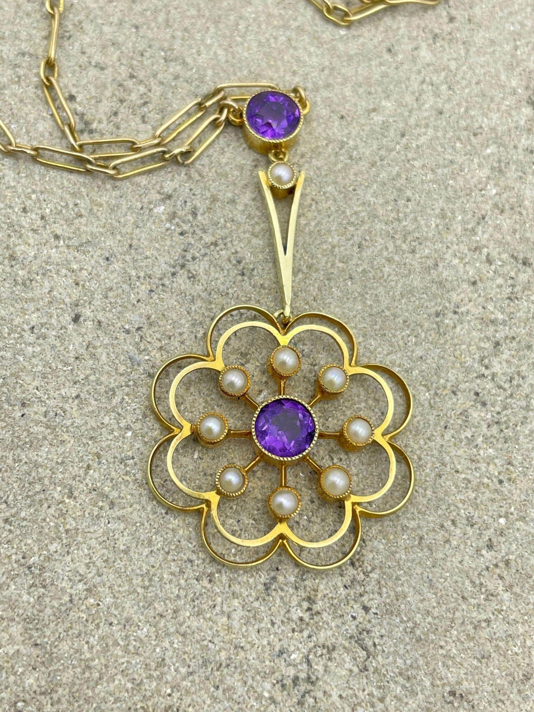 Edwardian 15ct gold, amethyst & seed pearl drop pendant necklace, fancy 9ct gold trombone link chain