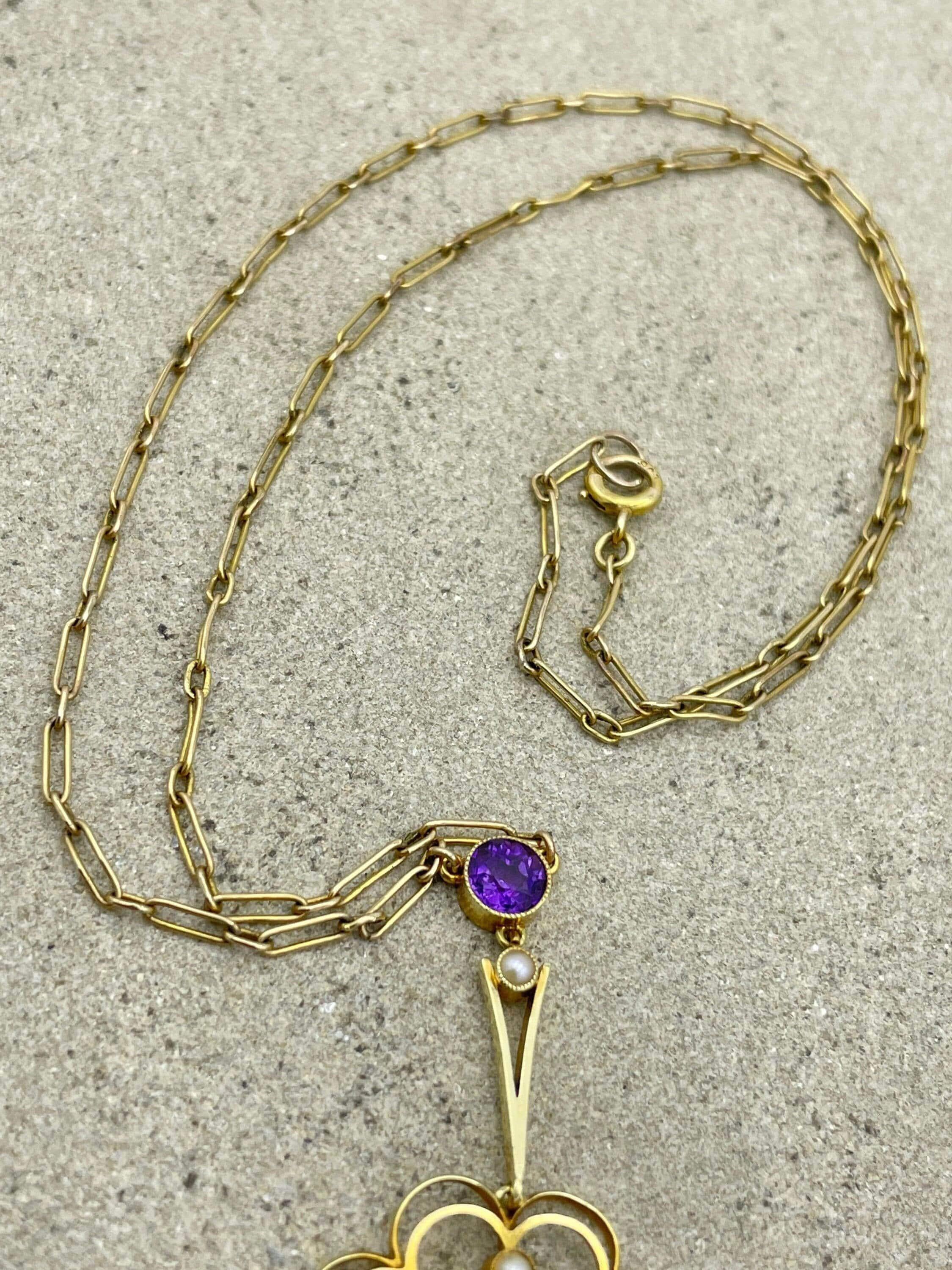 Edwardian 15ct gold, amethyst & seed pearl drop pendant necklace, fancy 9ct gold trombone link chain