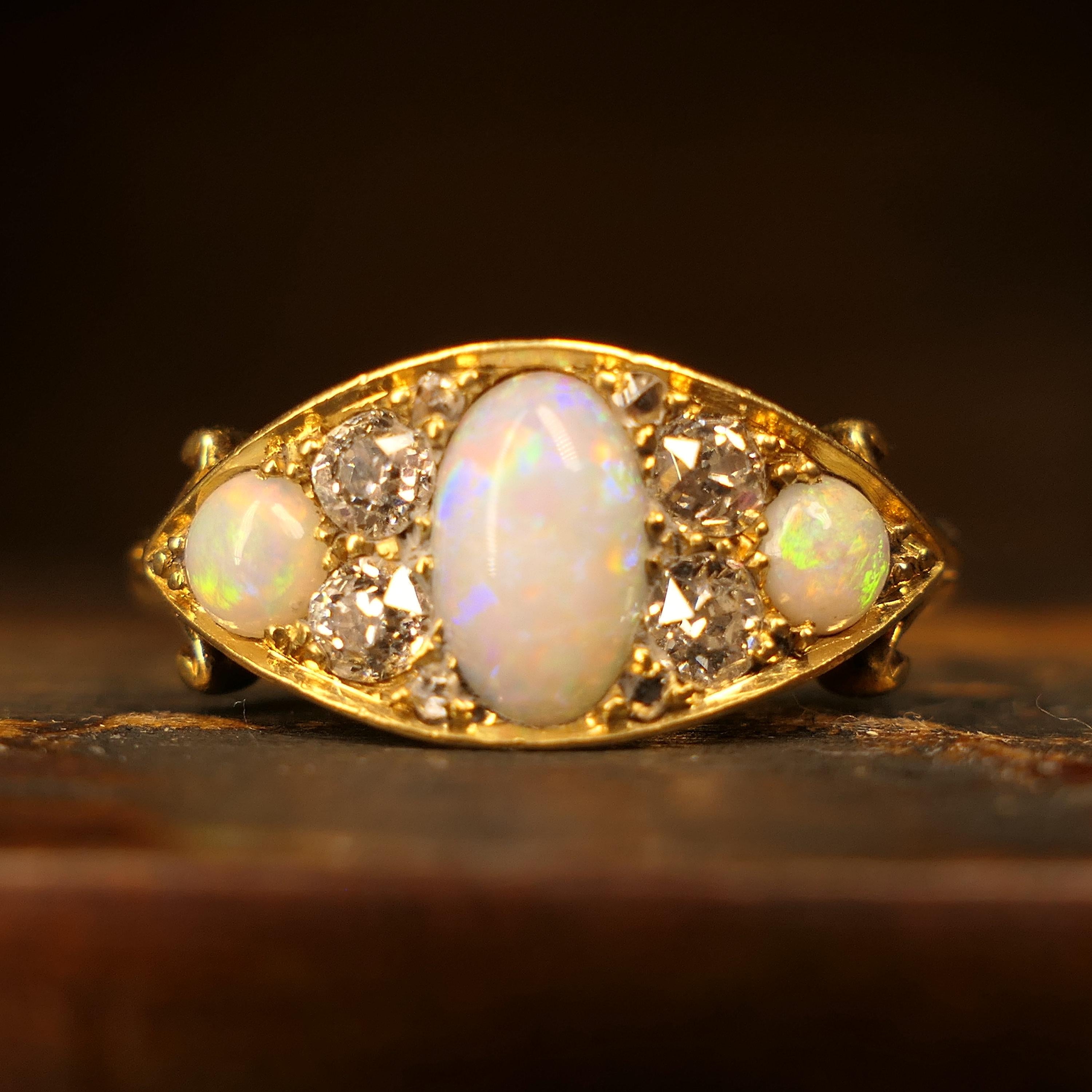 Victorian, 18ct Gold, Opal & Old Cut Diamond Ring