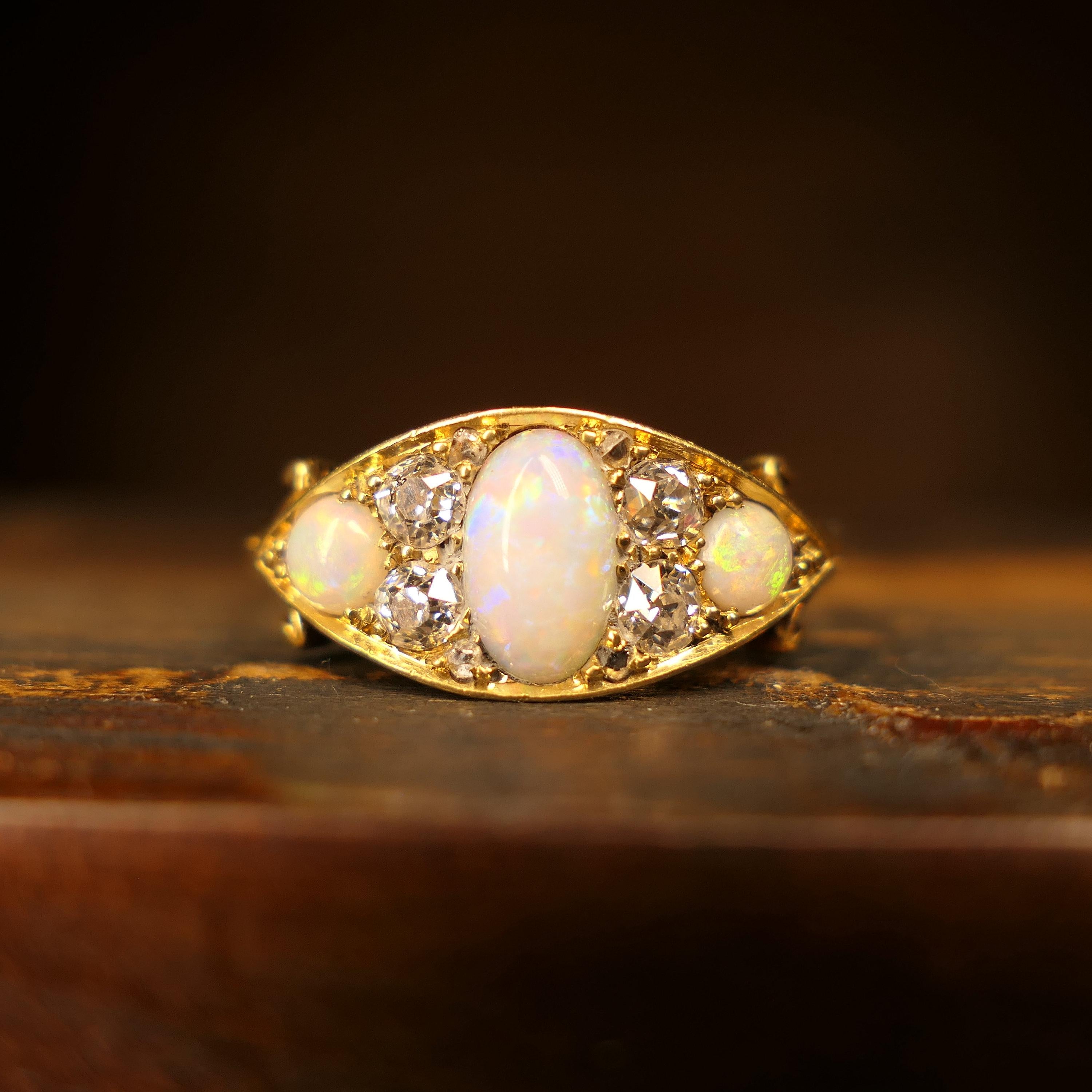 Victorian, 18ct Gold, Opal & Old Cut Diamond Ring