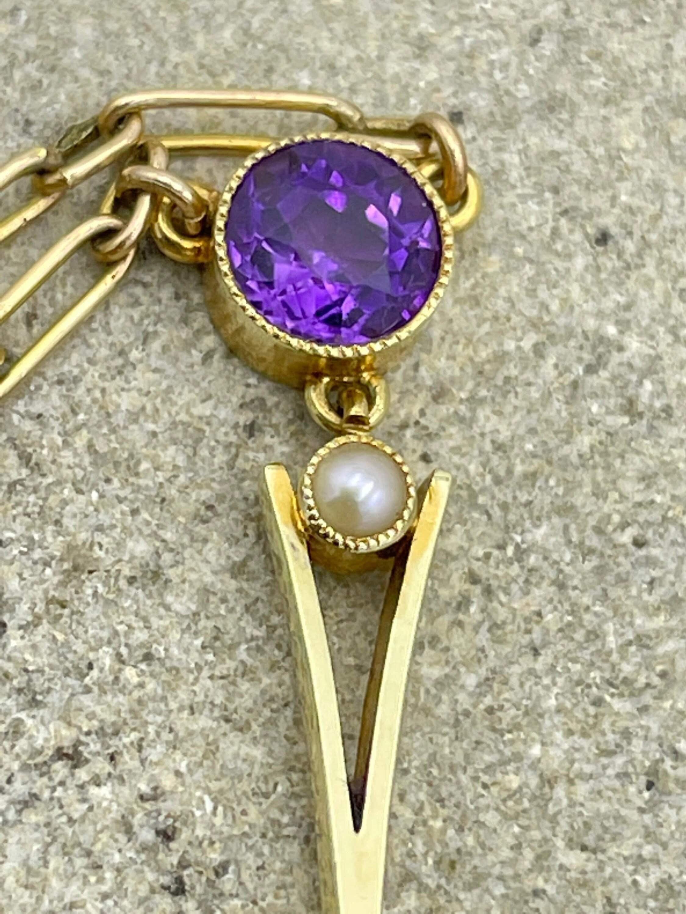 Edwardian 15ct gold, amethyst & seed pearl drop pendant necklace, fancy 9ct gold trombone link chain