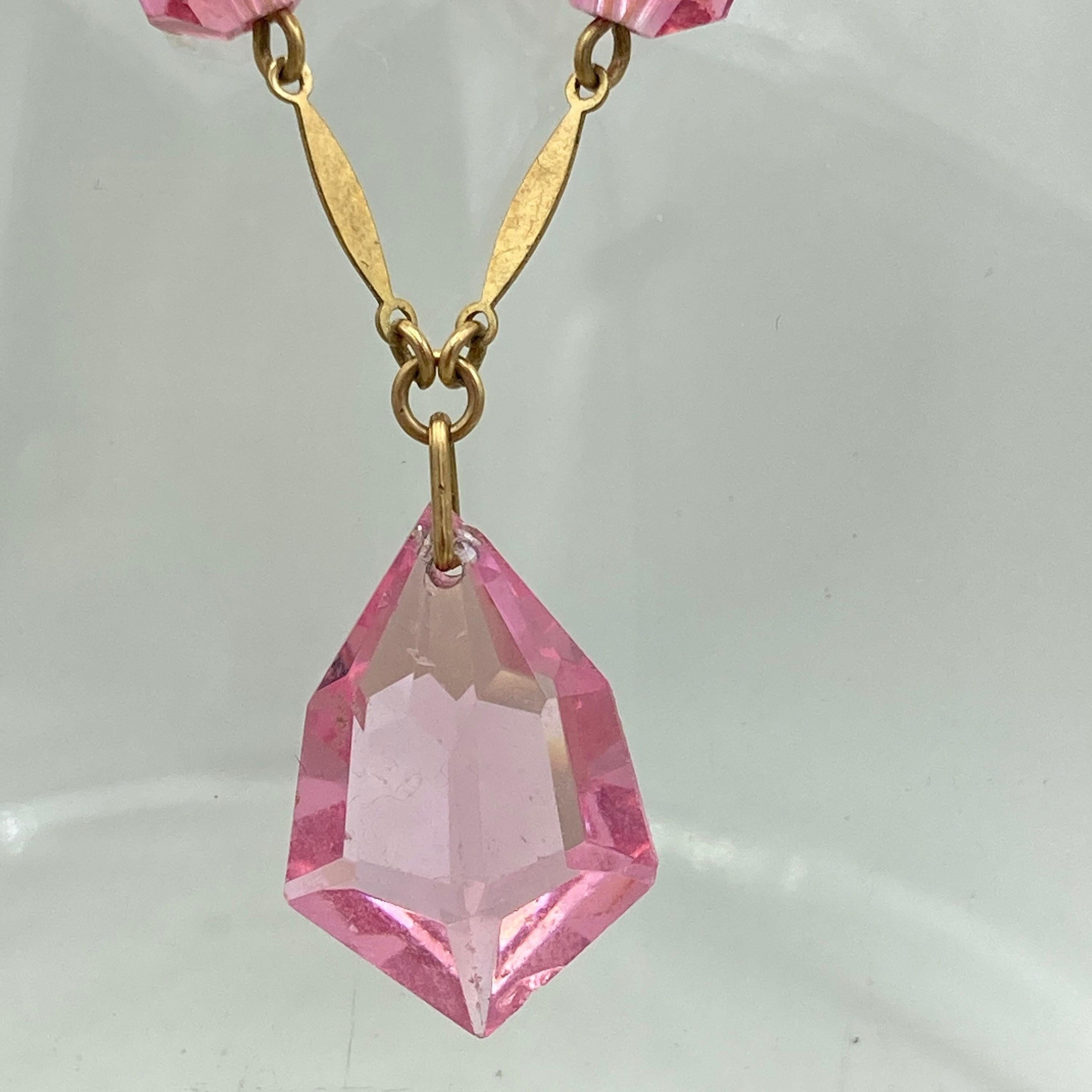 Art deco 9ct gold faceted pink glass drop fine trace link chain necklace 39cm long 9k gold