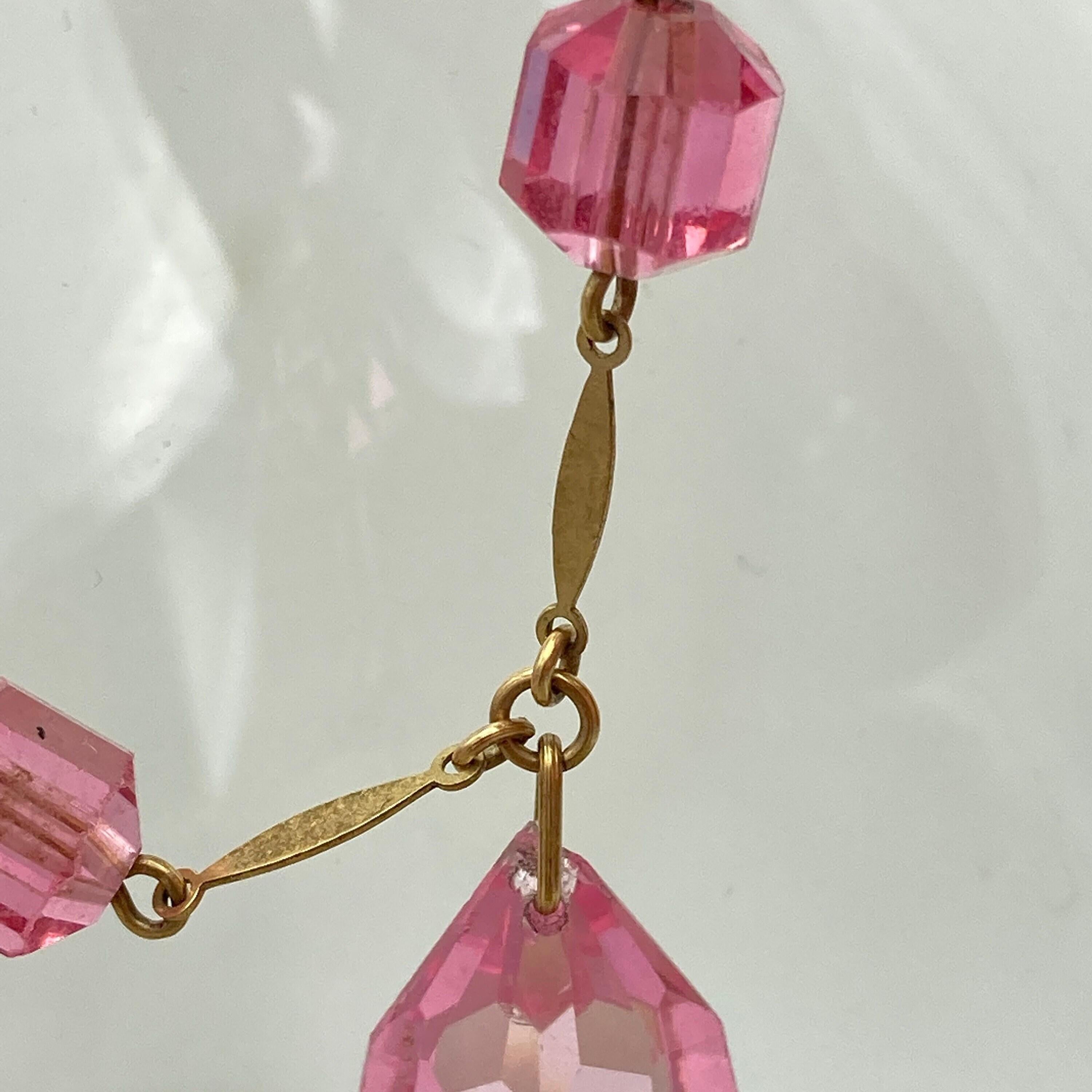 Art deco 9ct gold faceted pink glass drop fine trace link chain necklace 39cm long 9k gold