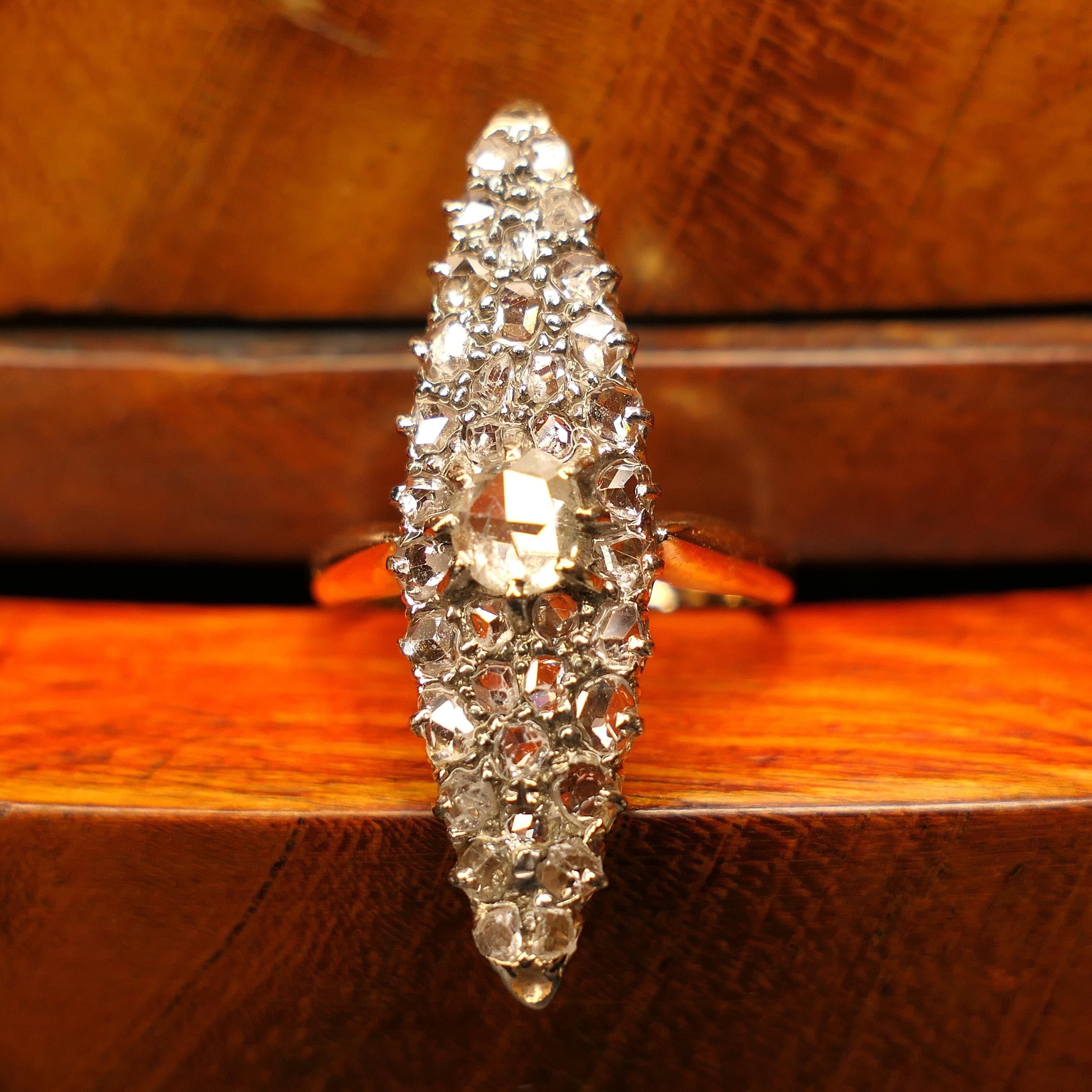 Victorian 18ct gold & silver, rose cut diamond, navette ring