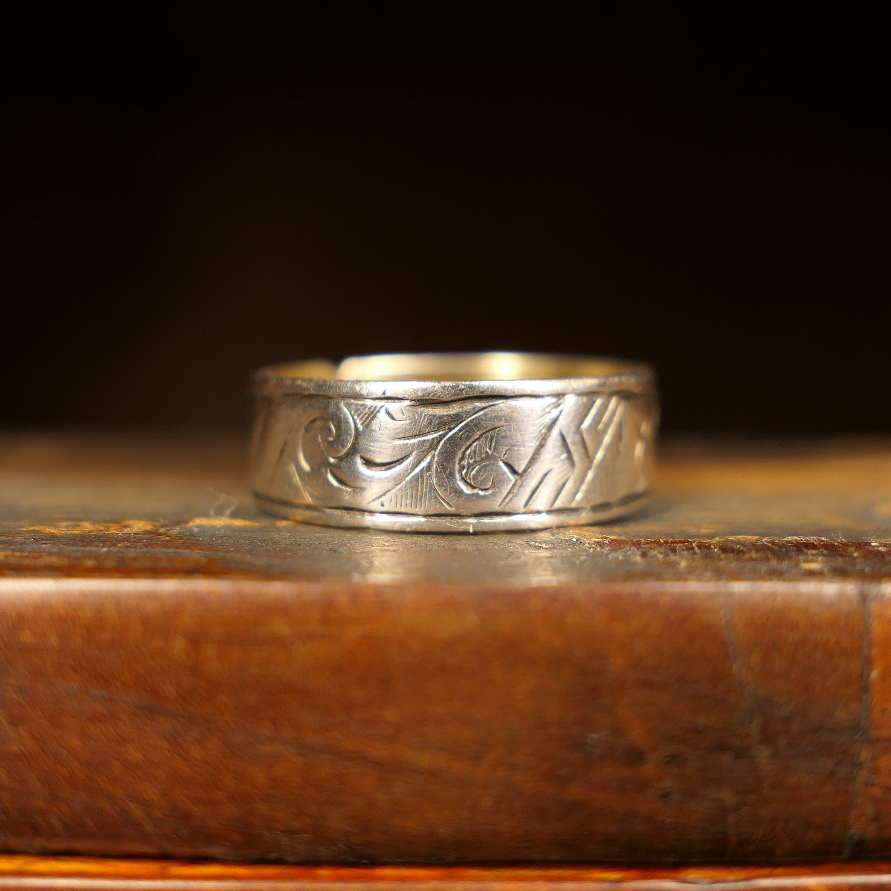 Antique, Hand Engraved, Sterling Silver Band Ring