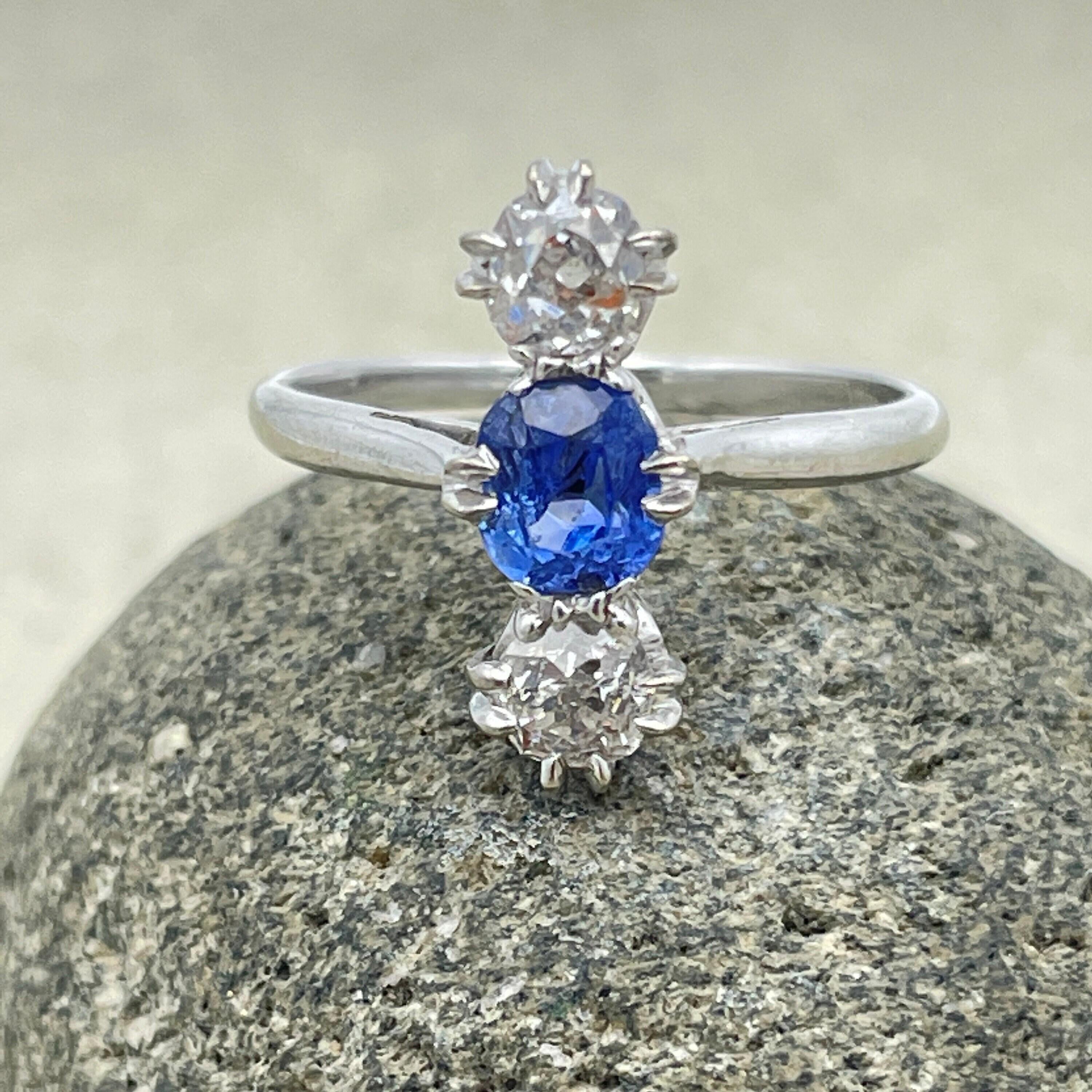 Edwardian 18ct white gold old mine cut diamond & sapphire ring