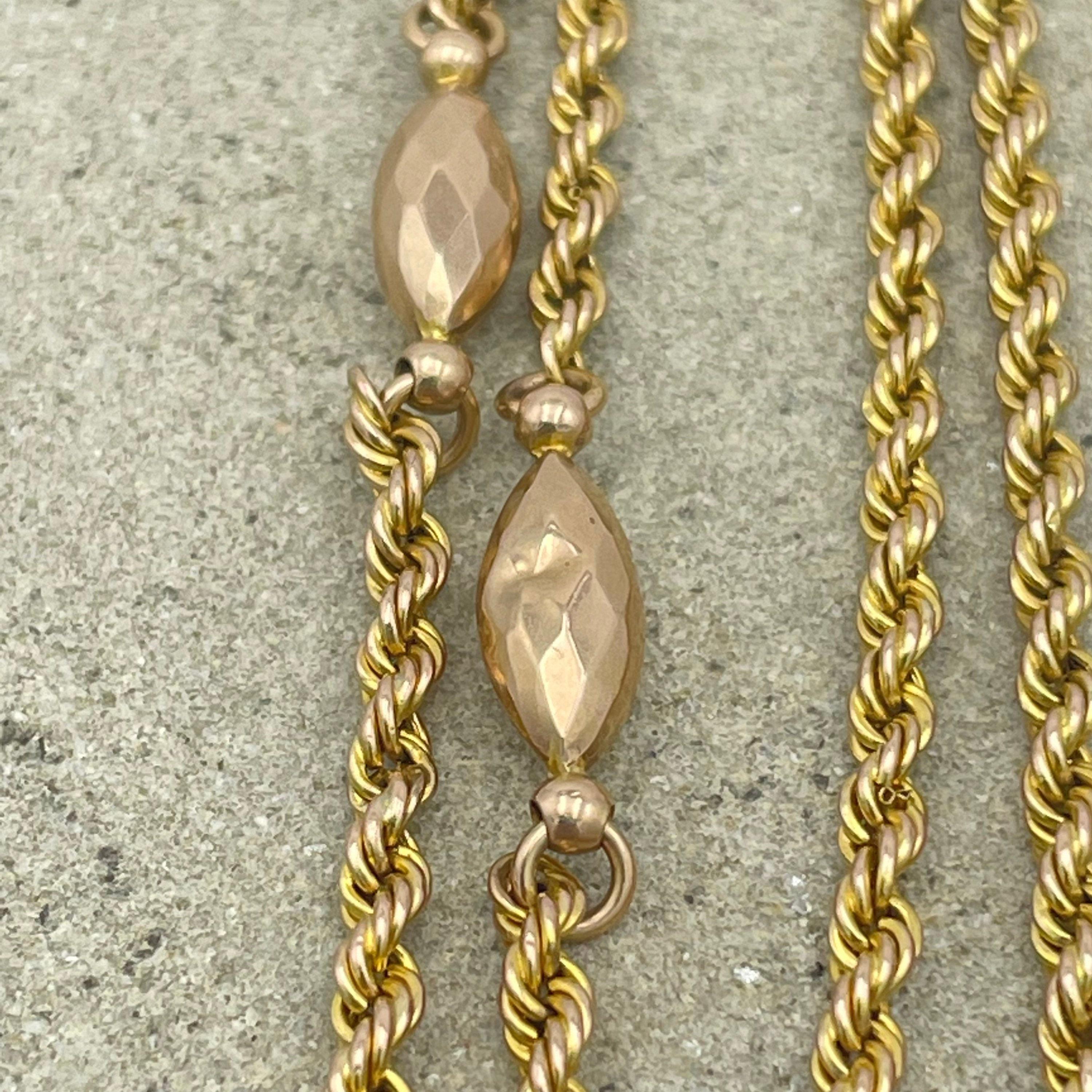 Antique 9ct Gold, Fancy Rope Link Guard Chain Necklace, With Dog Clip 12.9 grams