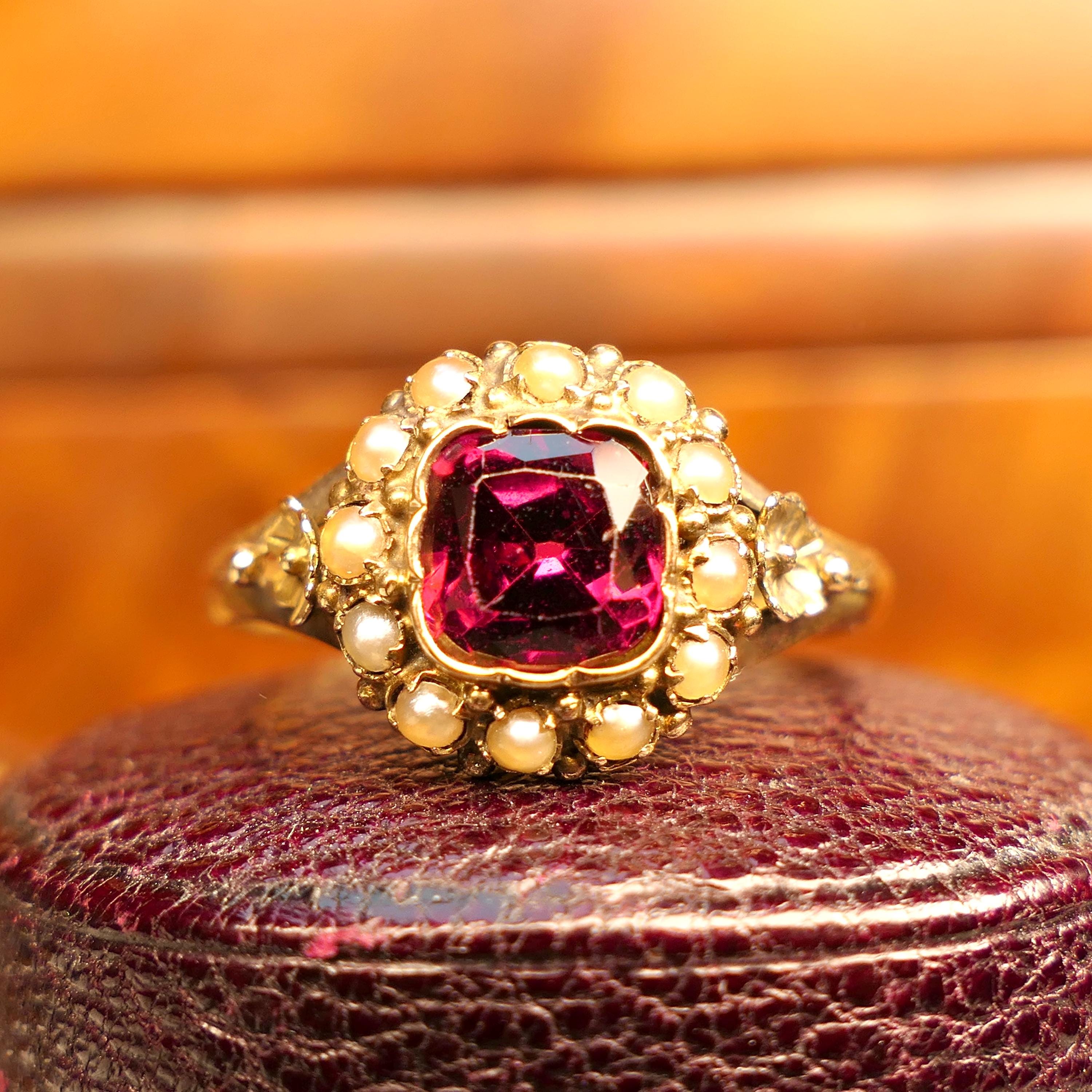 Victorian 15ct Gold, Almandine Garnet & Split Pearl Cluster ring