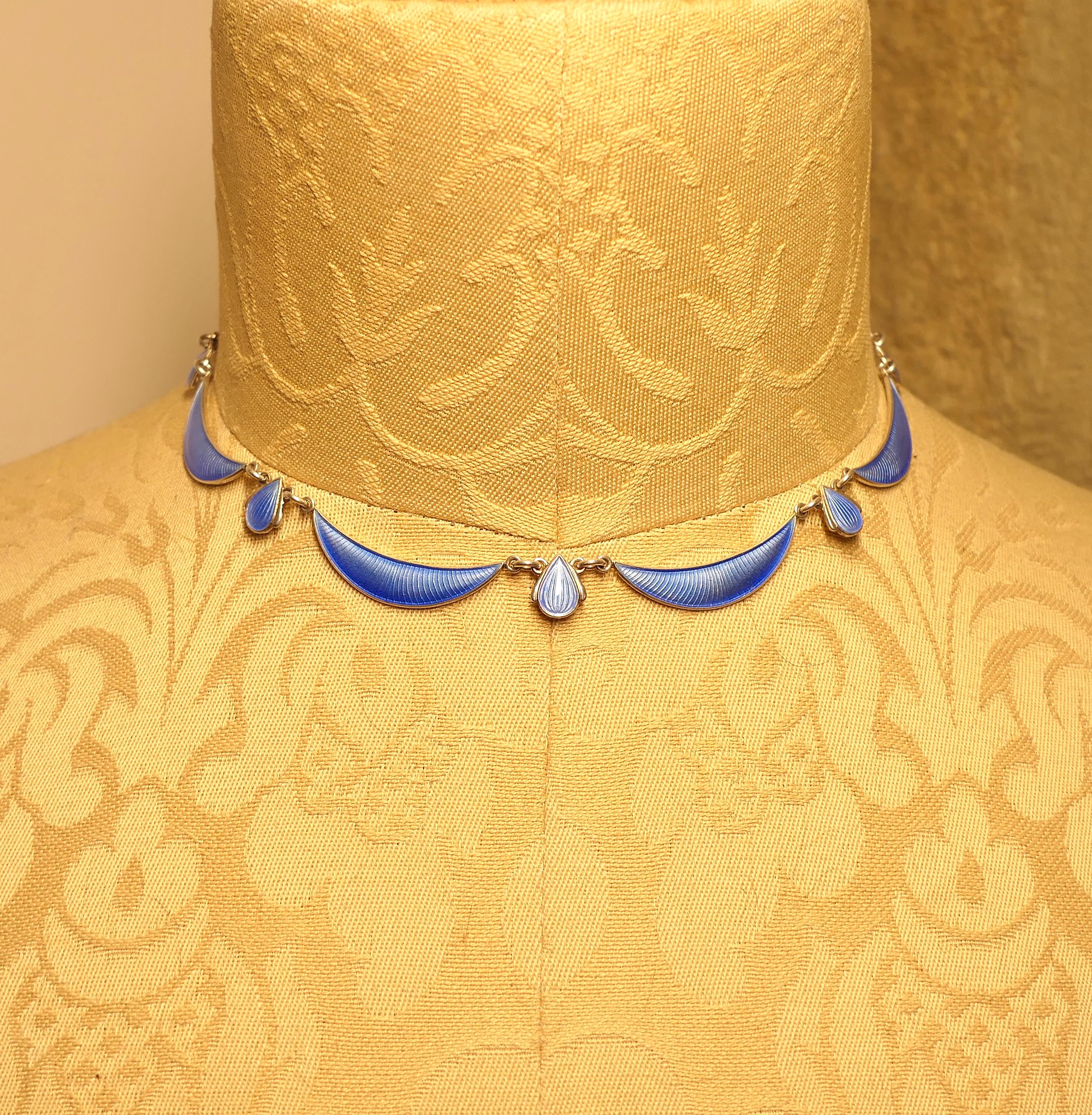 Vintage, Volmer Bahner, Danish, Sterling Silver, Blue Enamel Collar Necklace