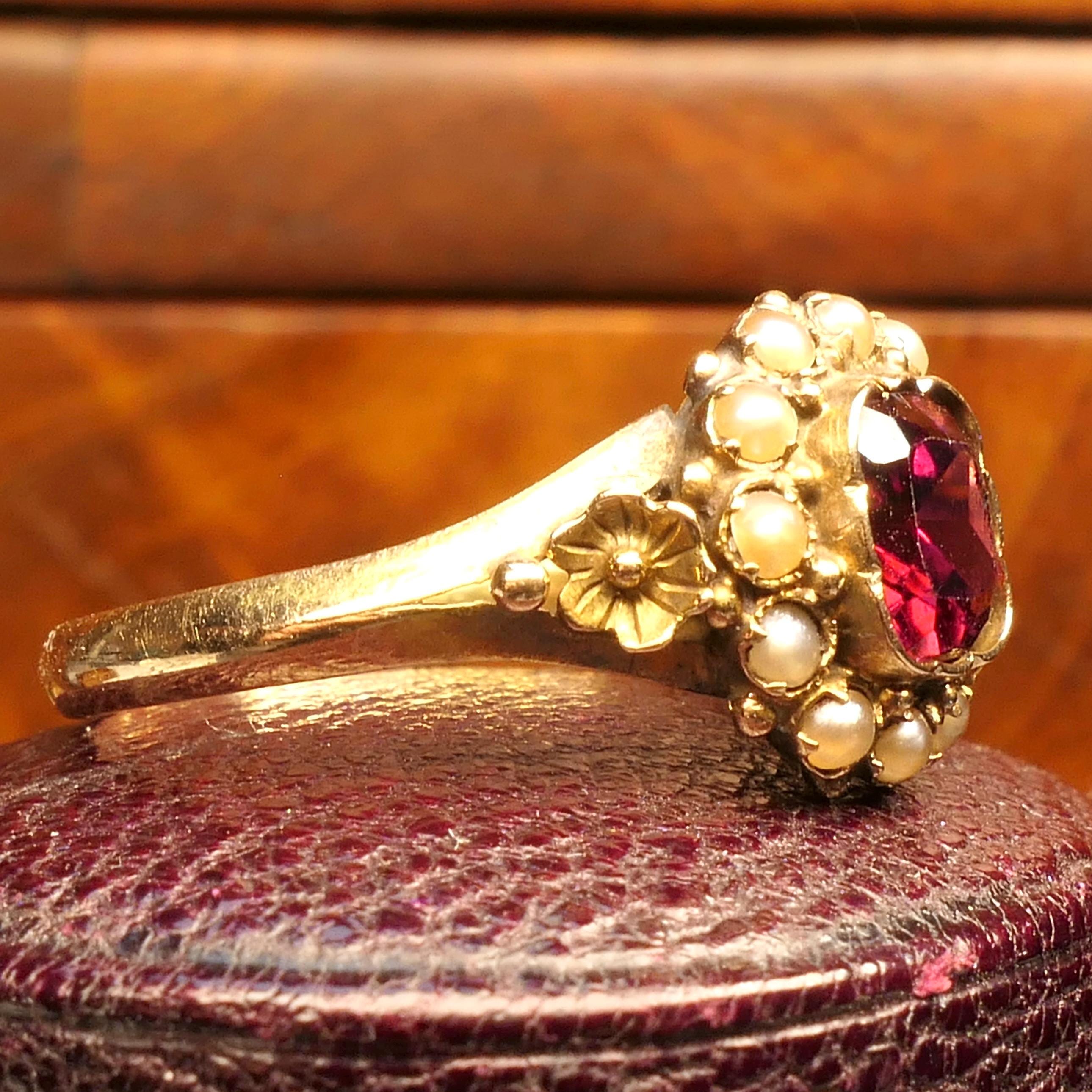 Victorian 15ct Gold, Almandine Garnet & Split Pearl Cluster ring