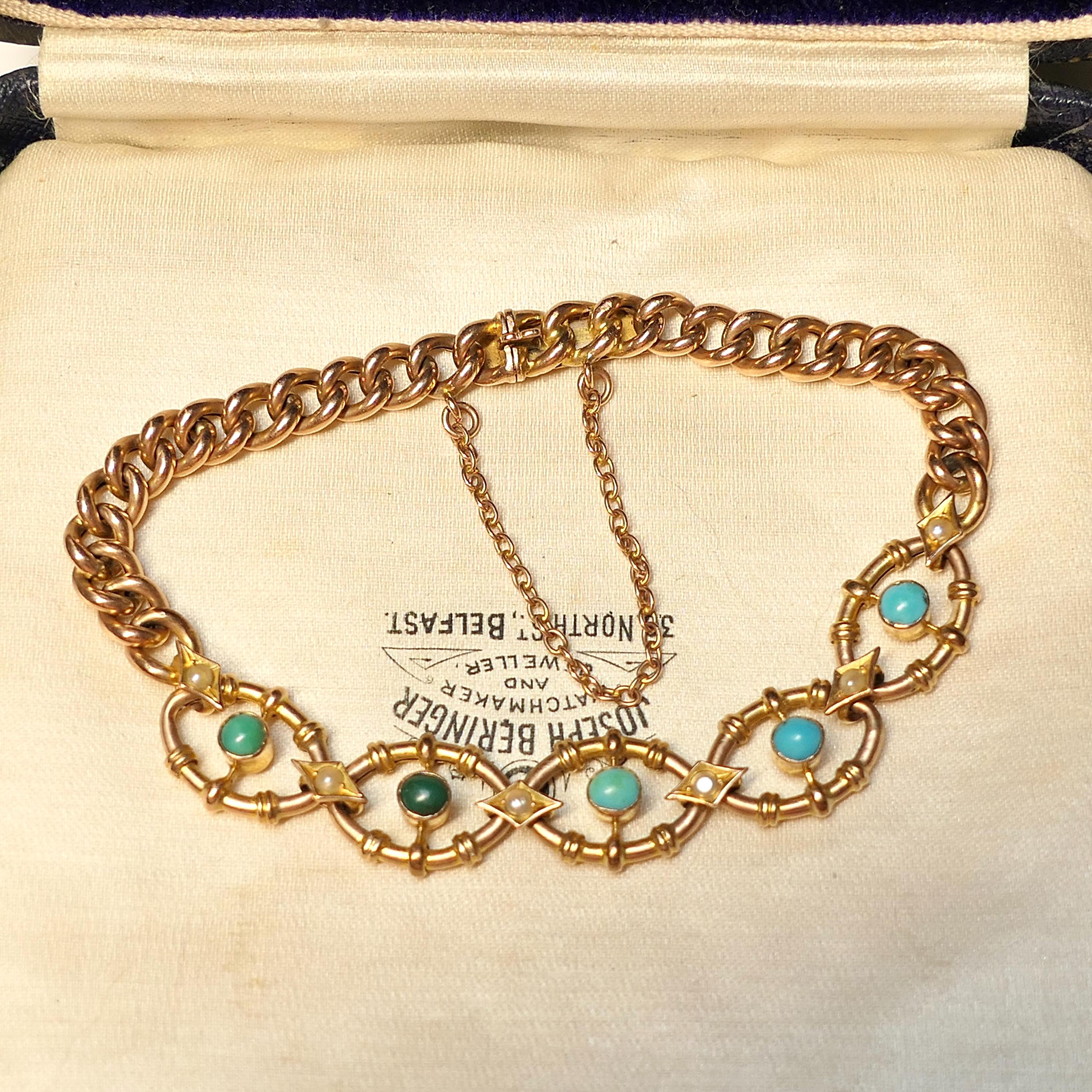 Antique 9ct Gold, Fancy Link, Turquoise & Pearl Bracelet, 10.2 Grams