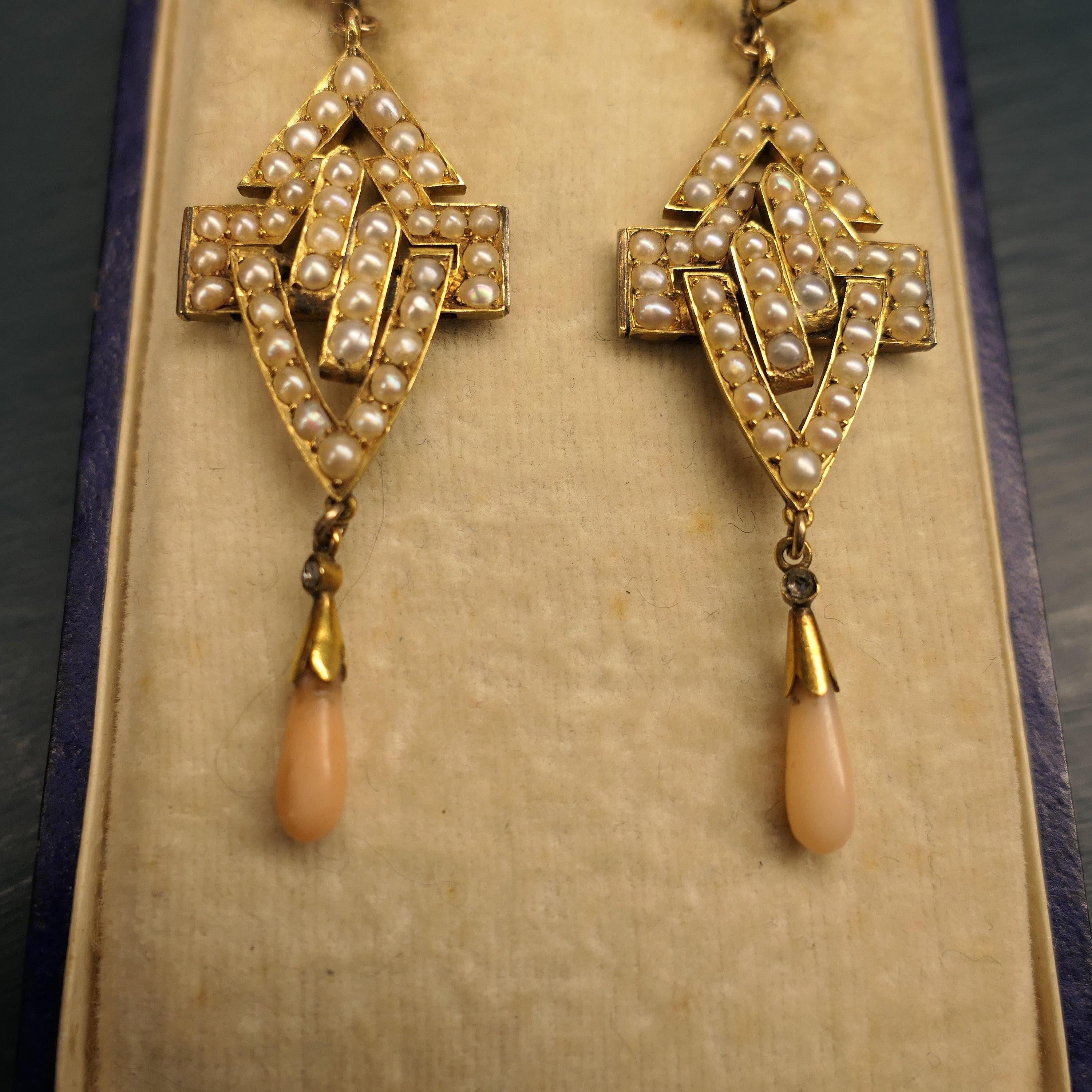 Original Art Deco, Gold, Seed Pearl, Coral & Old Rose Cut Diamond, Large Gold Drop Earrings