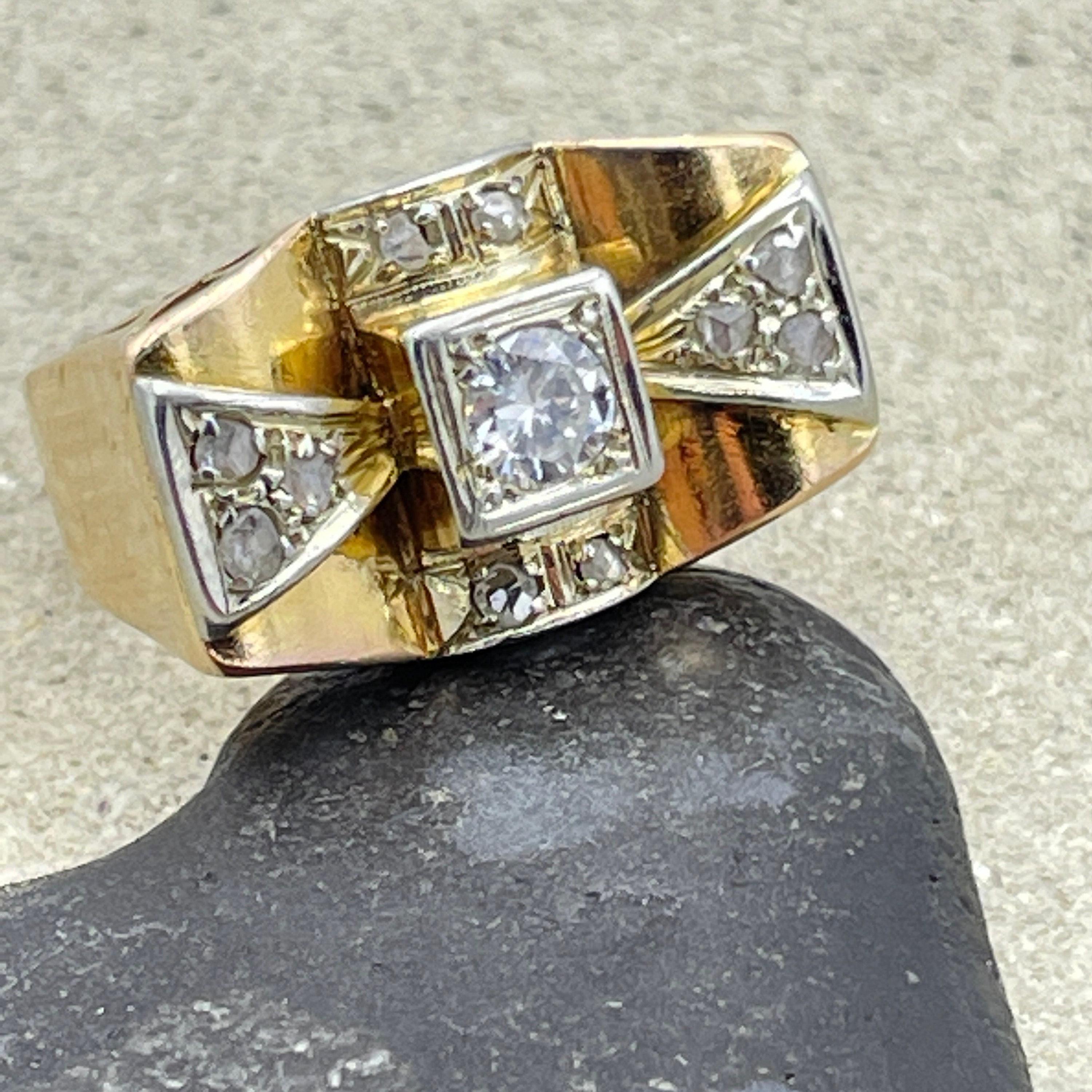 Retro, 18ct Gold & Platinum, Diamond Cocktail Tank Ring c1945