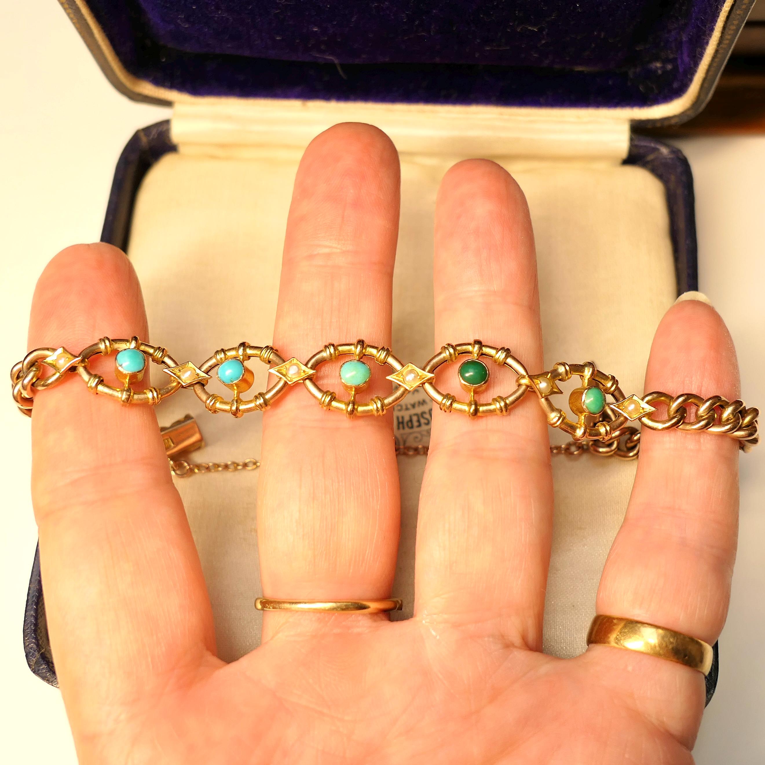 Antique 9ct Gold, Fancy Link, Turquoise & Pearl Bracelet, 10.2 Grams