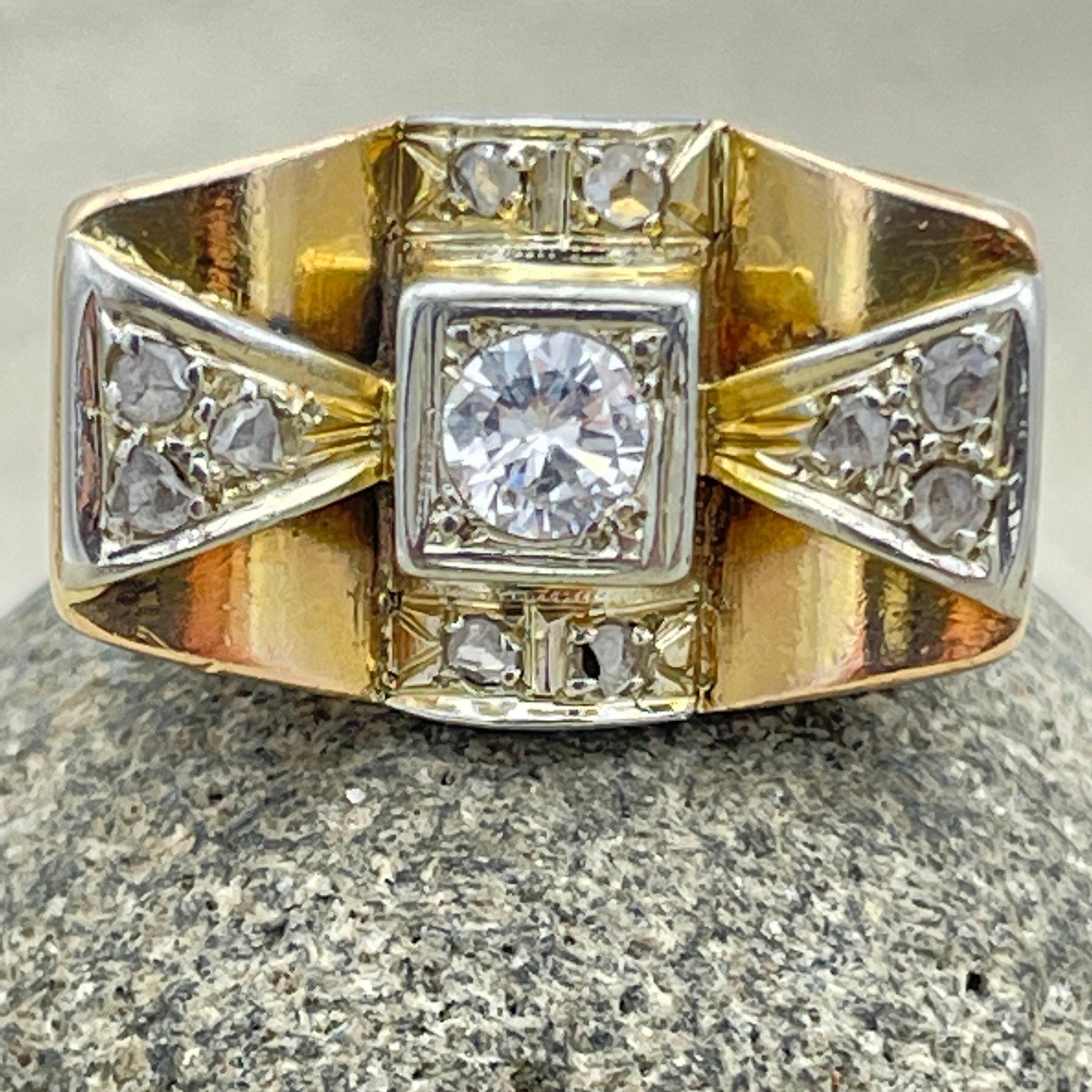 Retro, 18ct Gold & Platinum, Diamond Cocktail Tank Ring c1945