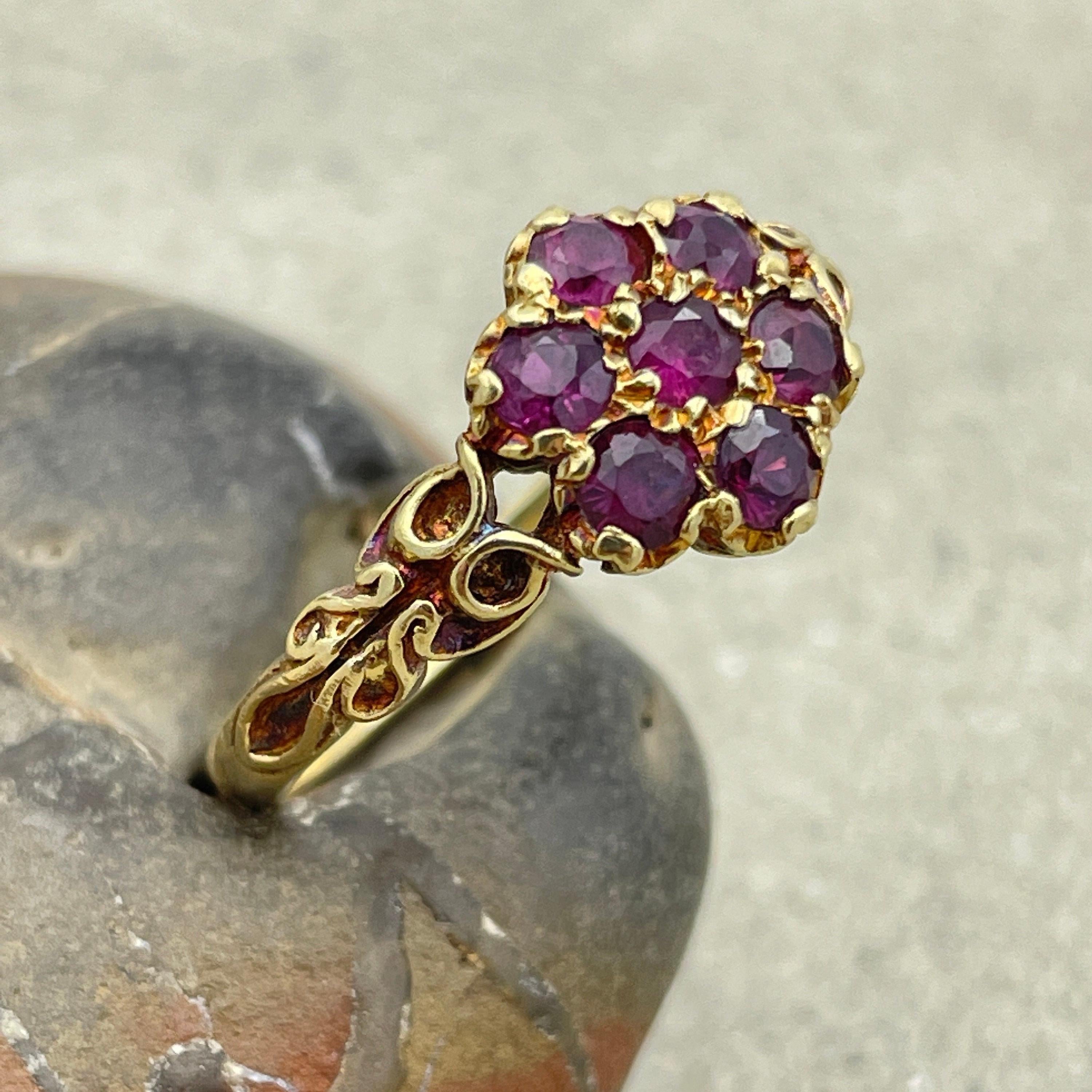 Vintage, victorian style, 18ct gold ruby daisy cluster ring